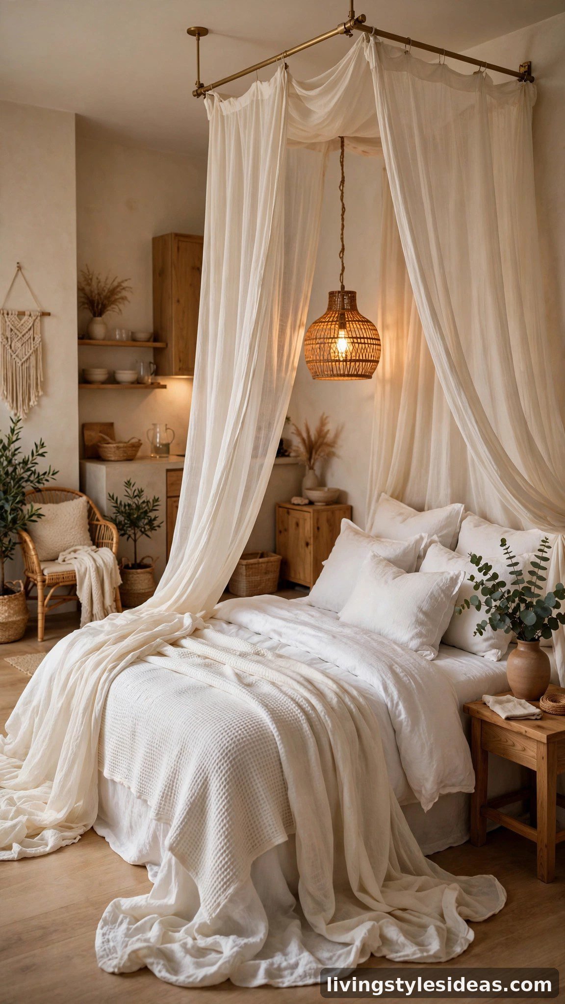 Queen bed with flowing ivory canopy curtains creating an intimate sleep zone in a studio apartment