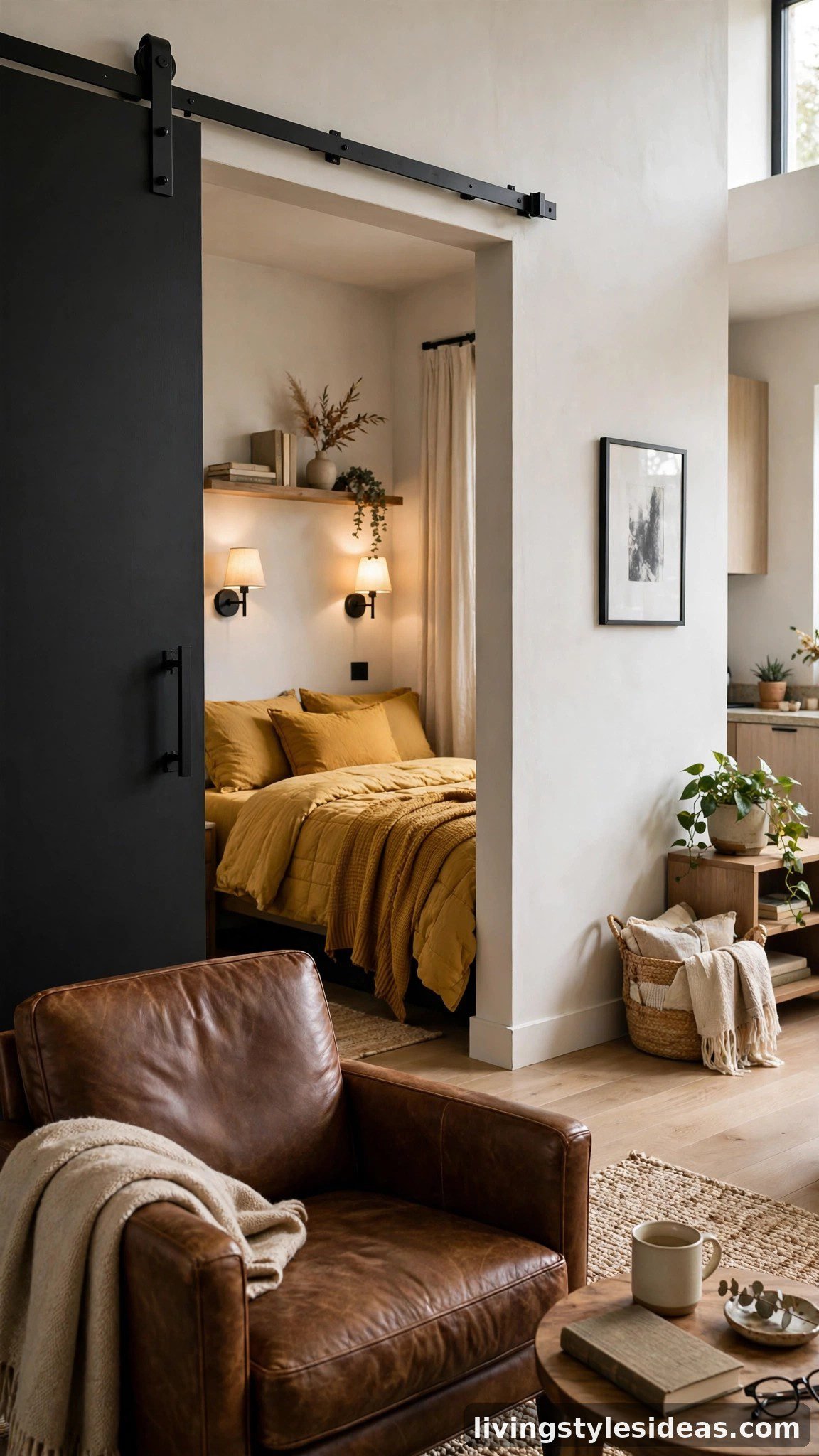 Sliding black barn door closing off a cozy sleep nook in a studio apartment