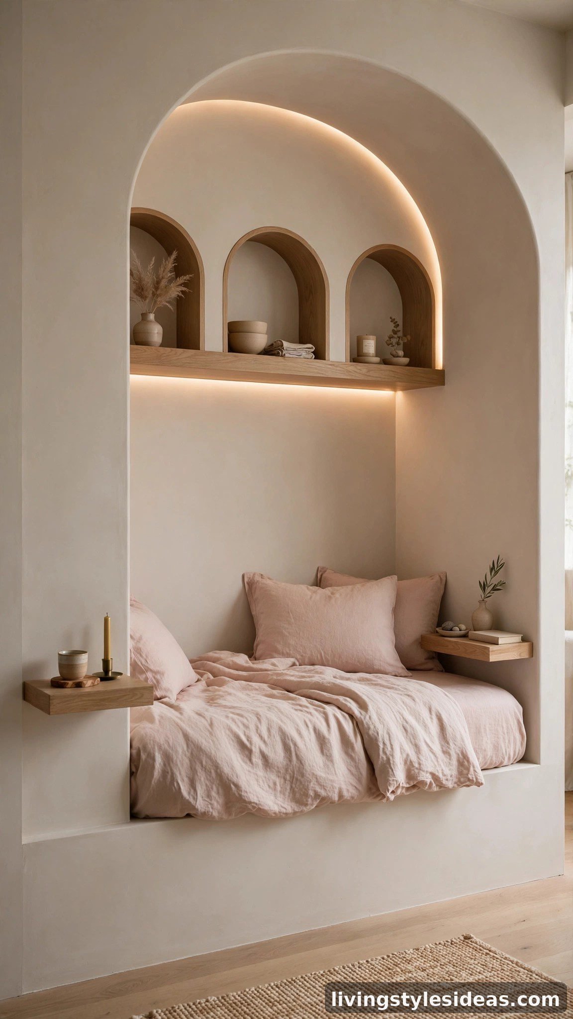 Built-in platform bed tucked into a recessed wall alcove with LED lighting in a studio apartment