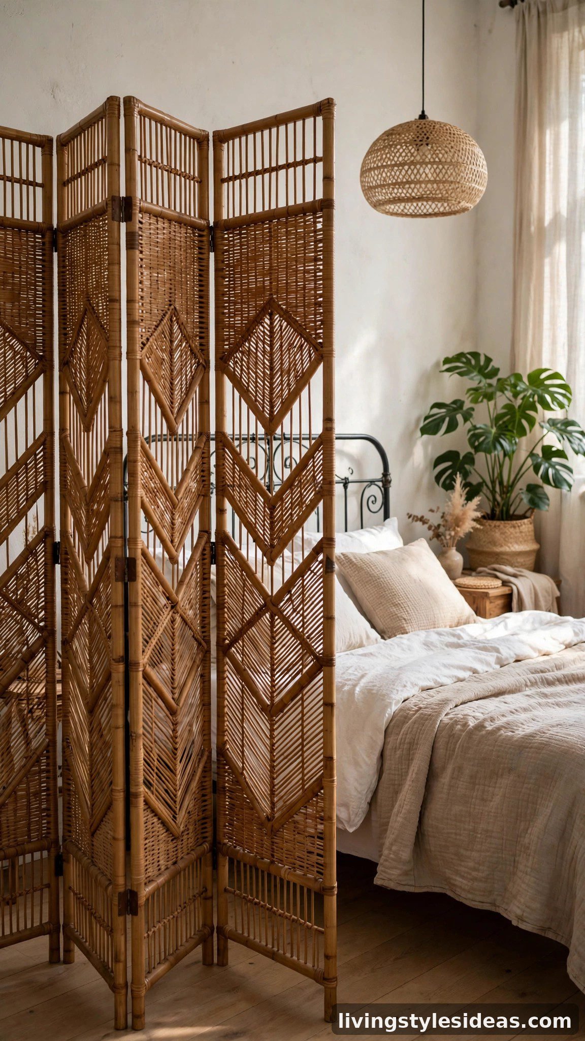 Natural rattan folding room divider screening a bed corner in a cozy studio apartment