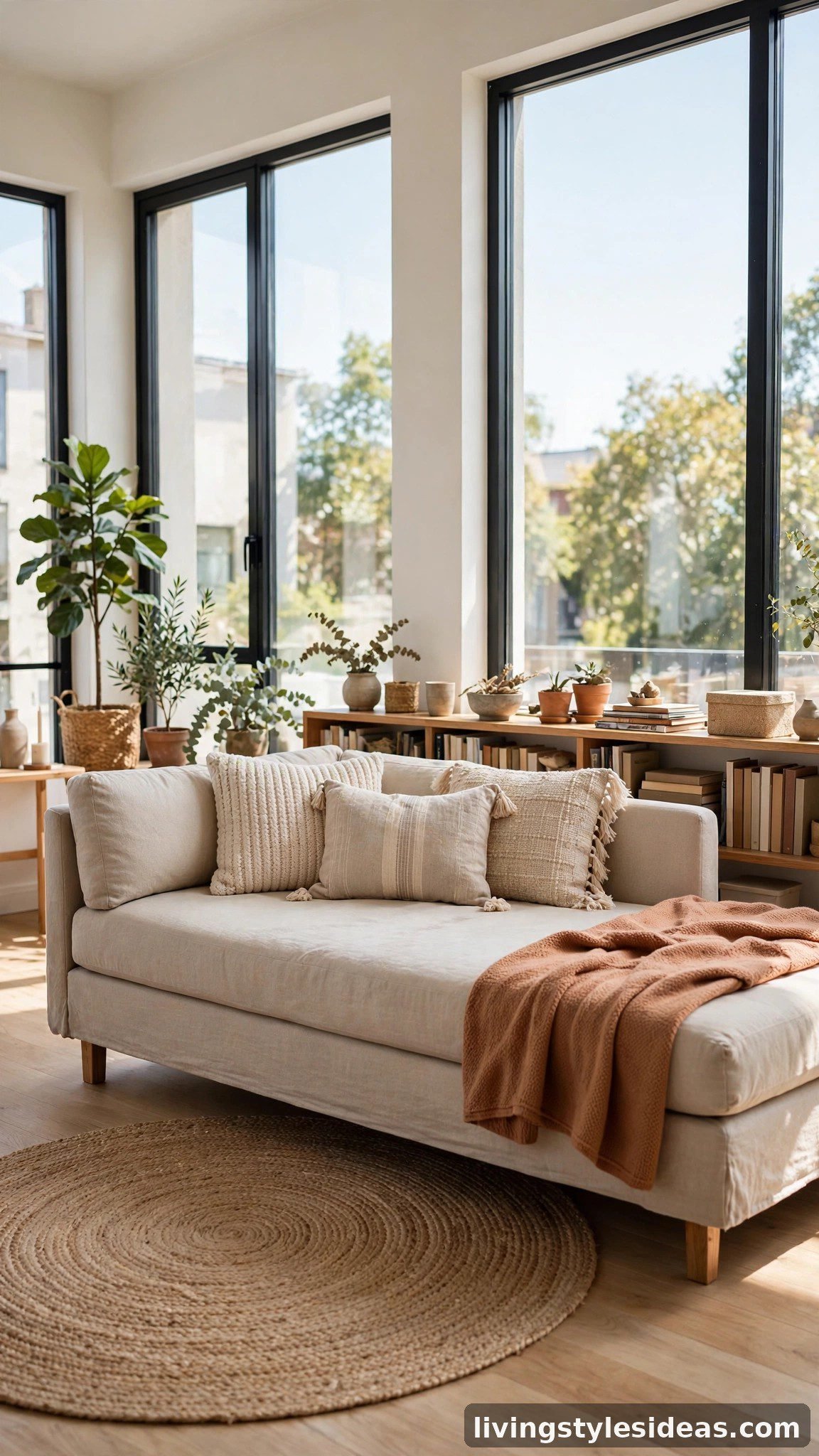 Beige daybed styled as a sofa doubling as the sleep zone in a bright studio apartment