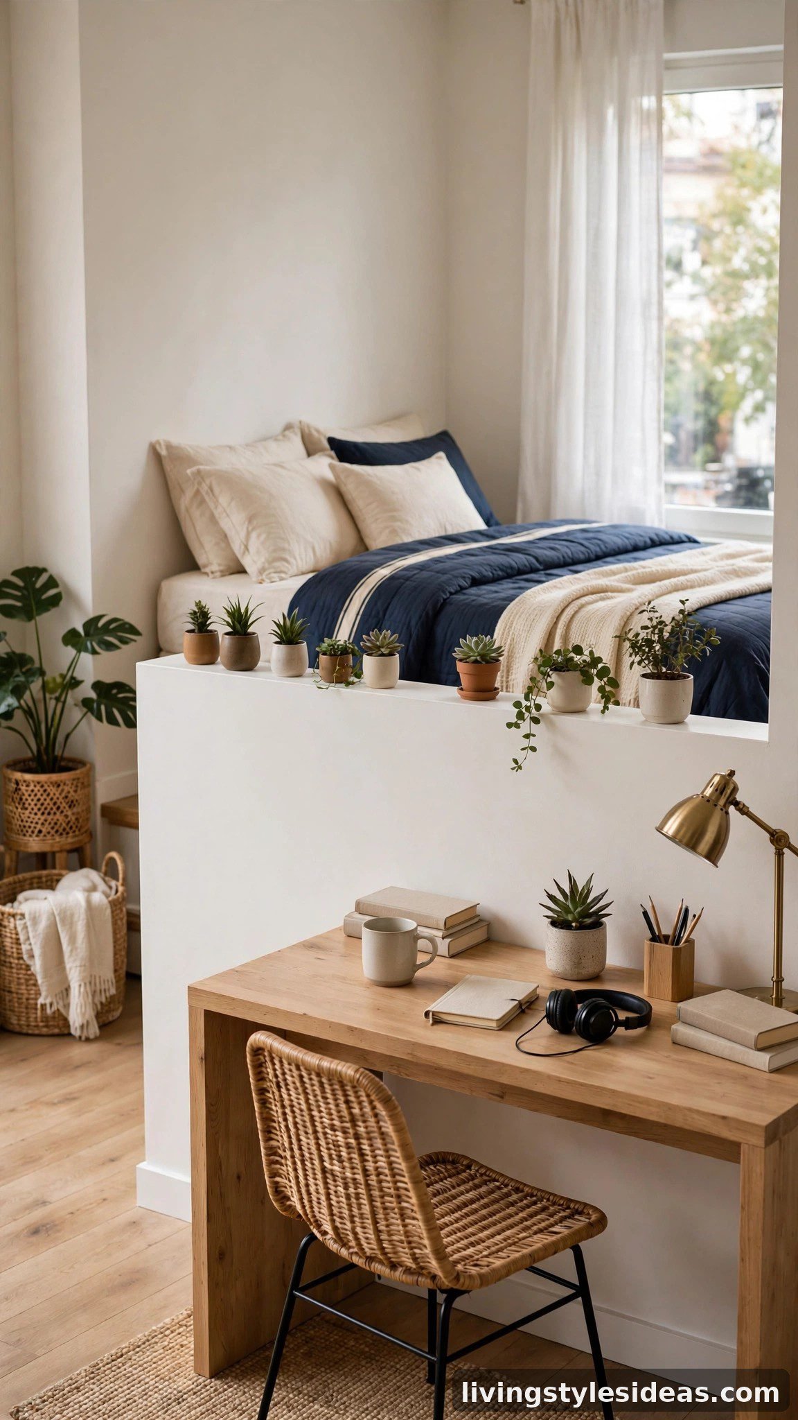 Low white half-wall partition separating the sleeping corner in a studio apartment