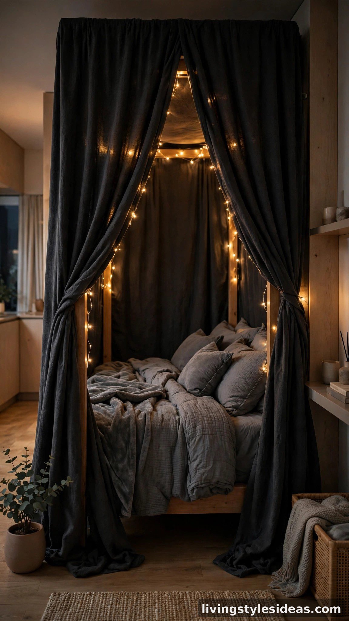 Four-poster bed wrapped in charcoal blackout curtains forming a cozy sleep pod in a studio apartment