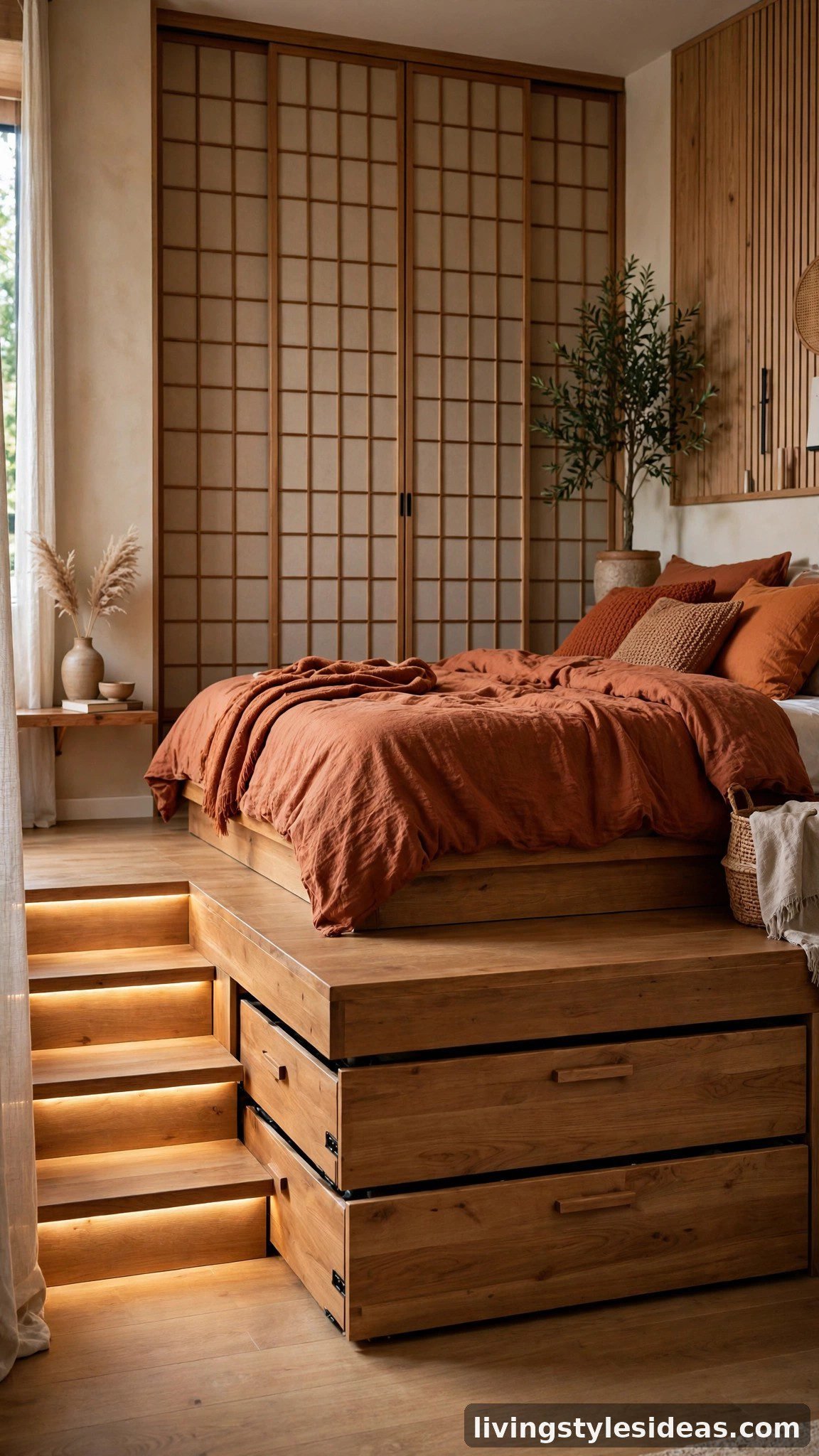 Raised wooden platform bed with pull-out storage drawers in a studio apartment bedroom zone