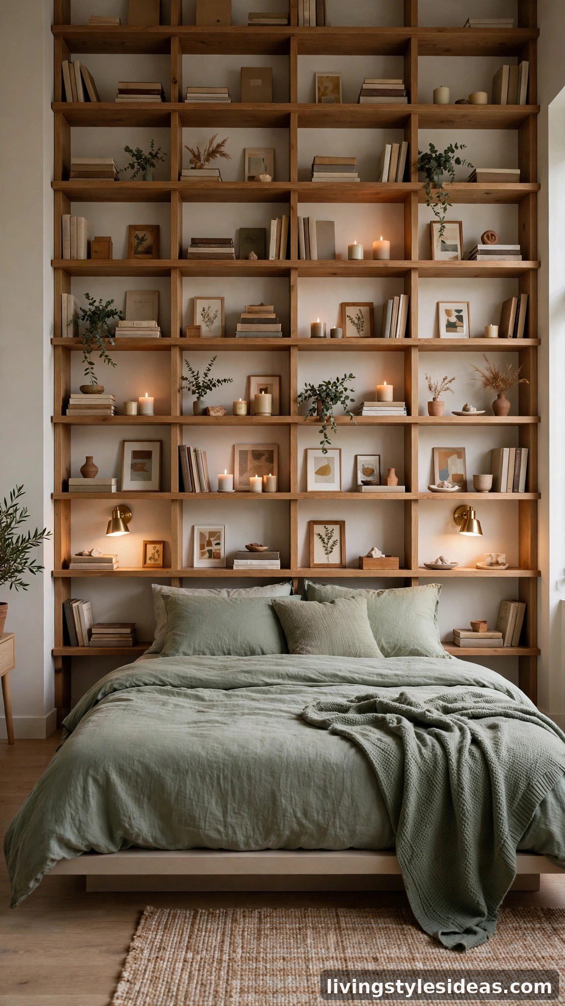 Wall of floating wooden shelves acting as a headboard in a studio apartment sleep zone