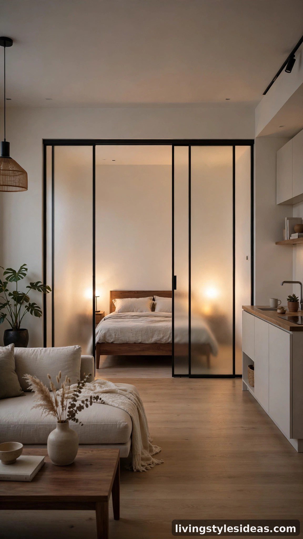 Sliding frosted-glass panels enclosing the sleeping area of a modern studio apartment