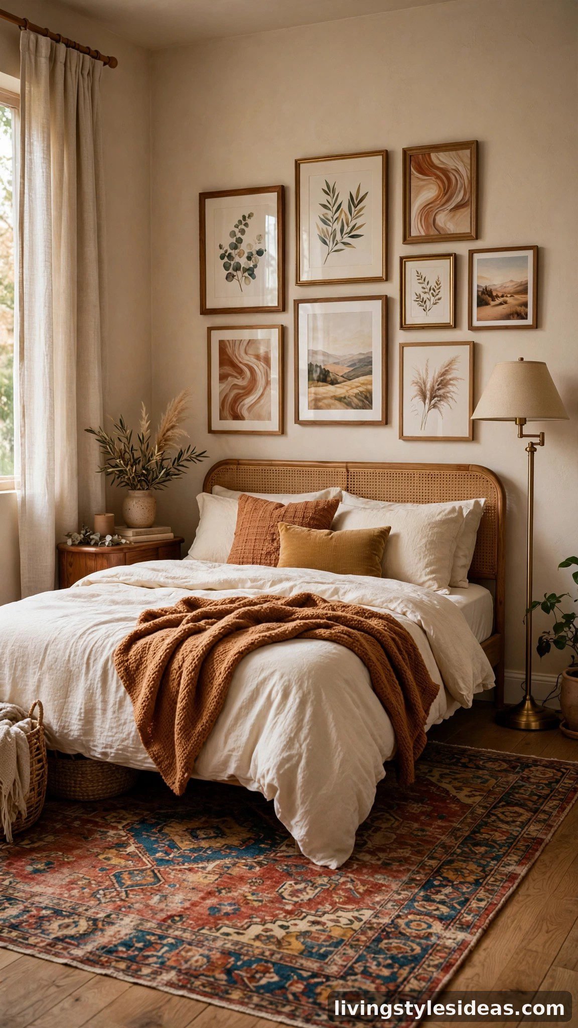 Studio apartment bed corner anchored by a vintage rug and a cozy gallery wall