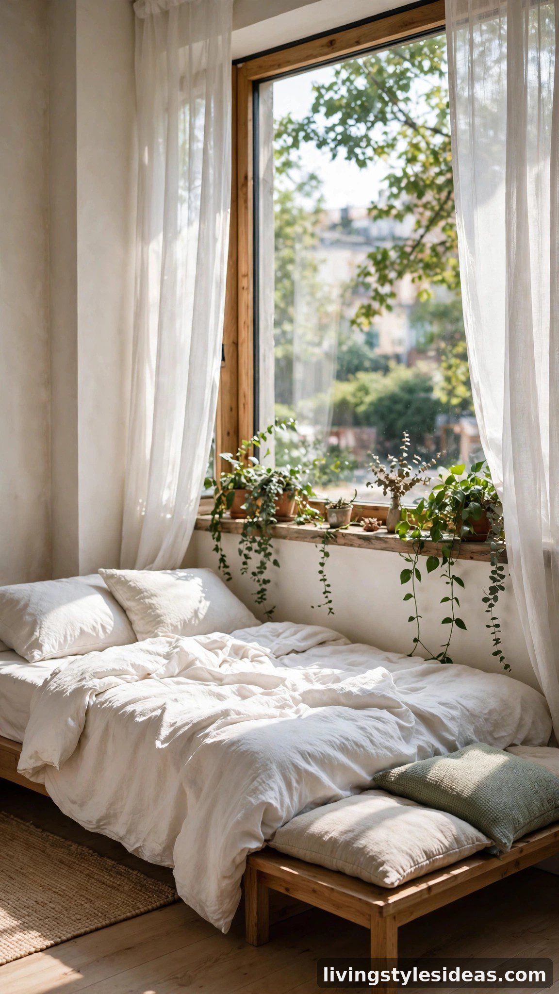 Sunlit sleep nook with low bed and bench tucked under a large studio apartment window