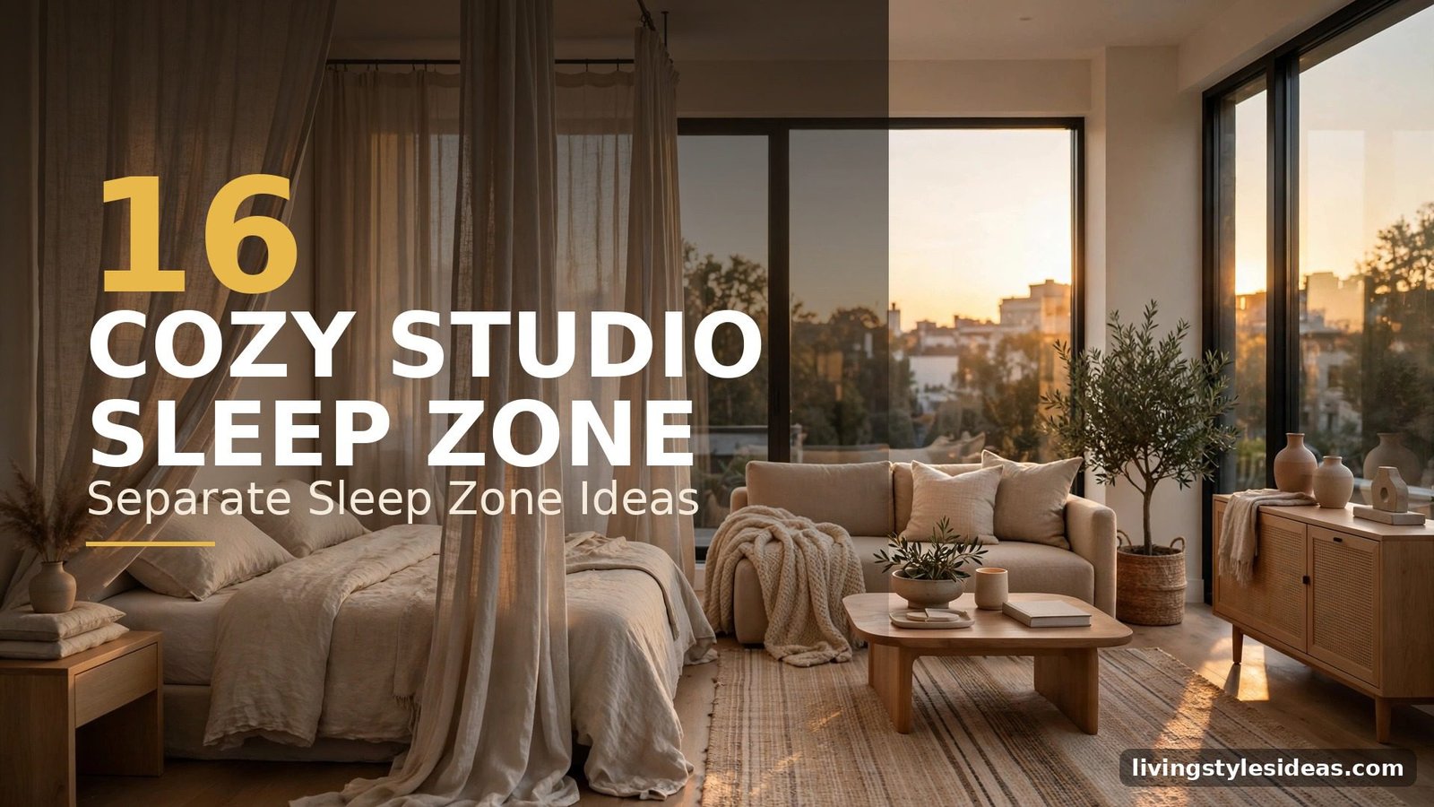Featured view of a cozy studio apartment sleep zone styled with a separate bedroom area