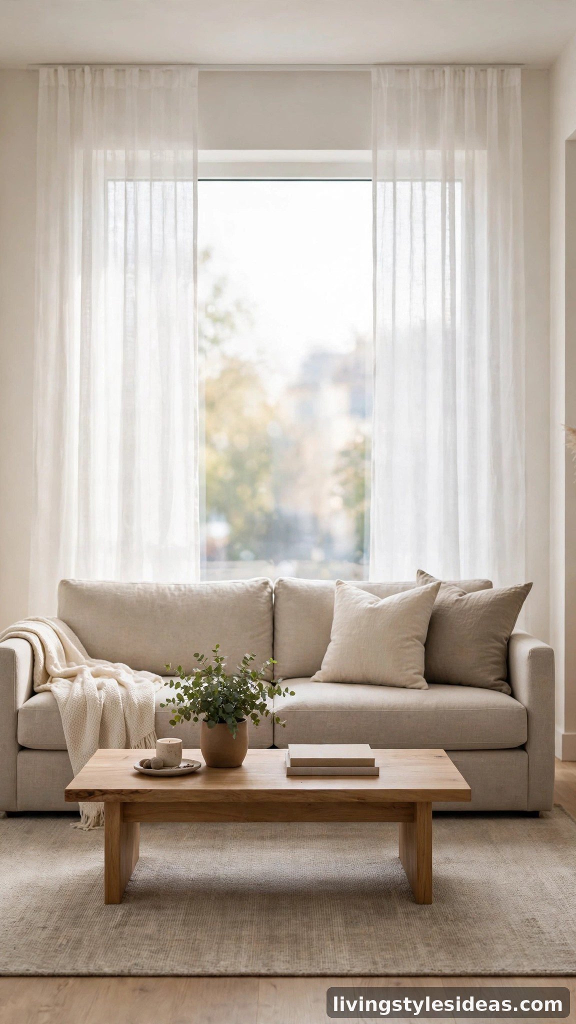 Neutral beige sofa on a greige rug in a bright studio apartment