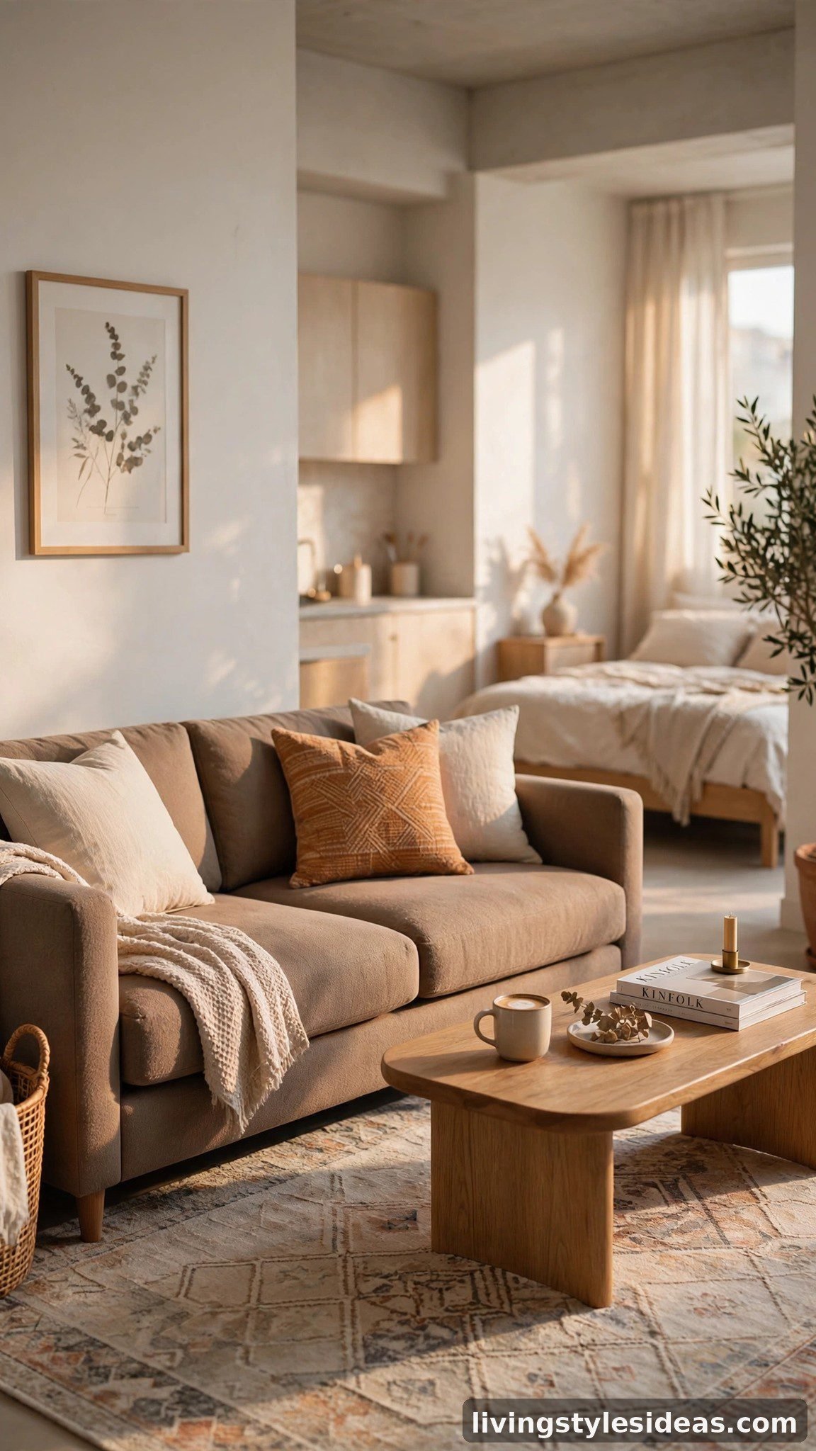 Taupe sofa defining the living zone in an open-plan studio apartment