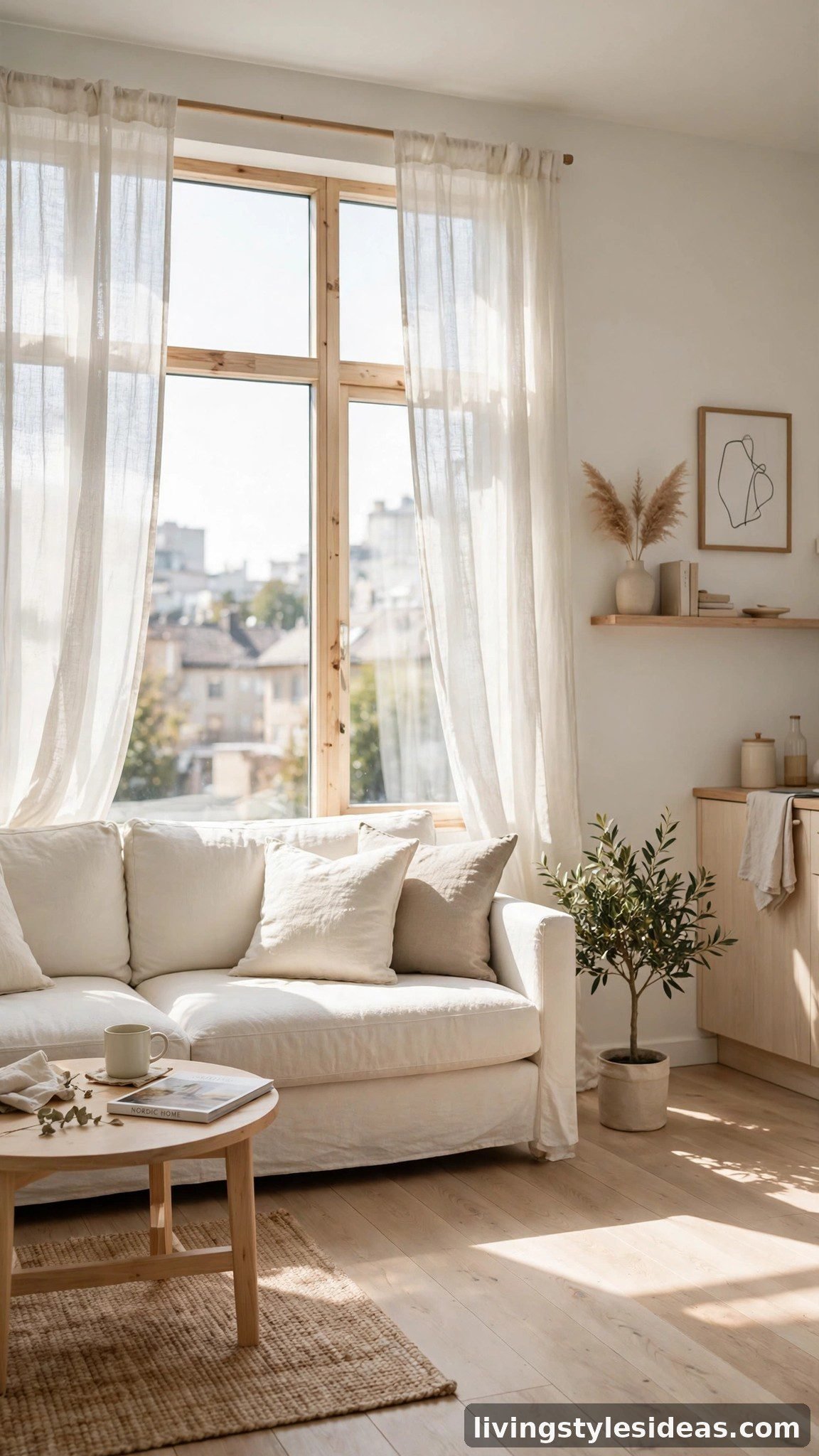 Light ivory sofa making a small studio apartment feel open and airy