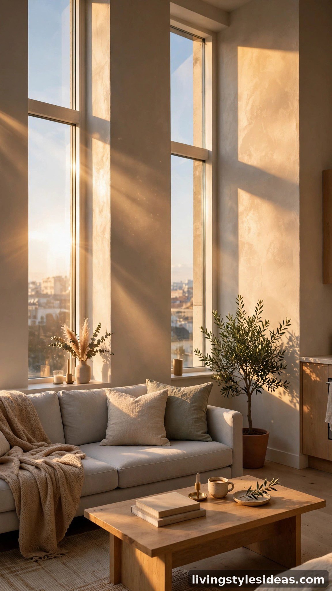 Sunlight streaming over a sofa in a south-facing studio apartment