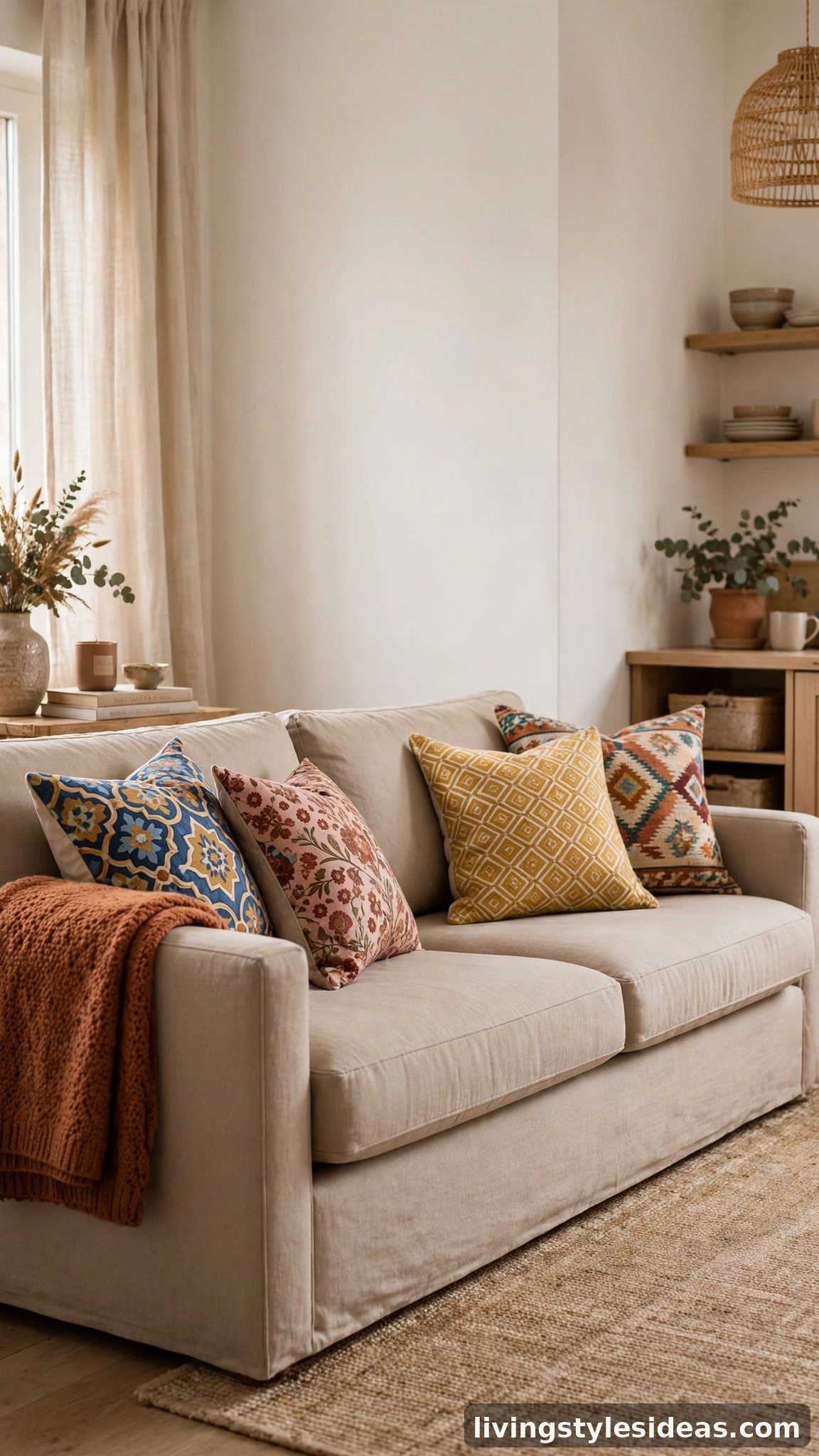Solid beige sofa styled with patterned cushions in a studio
