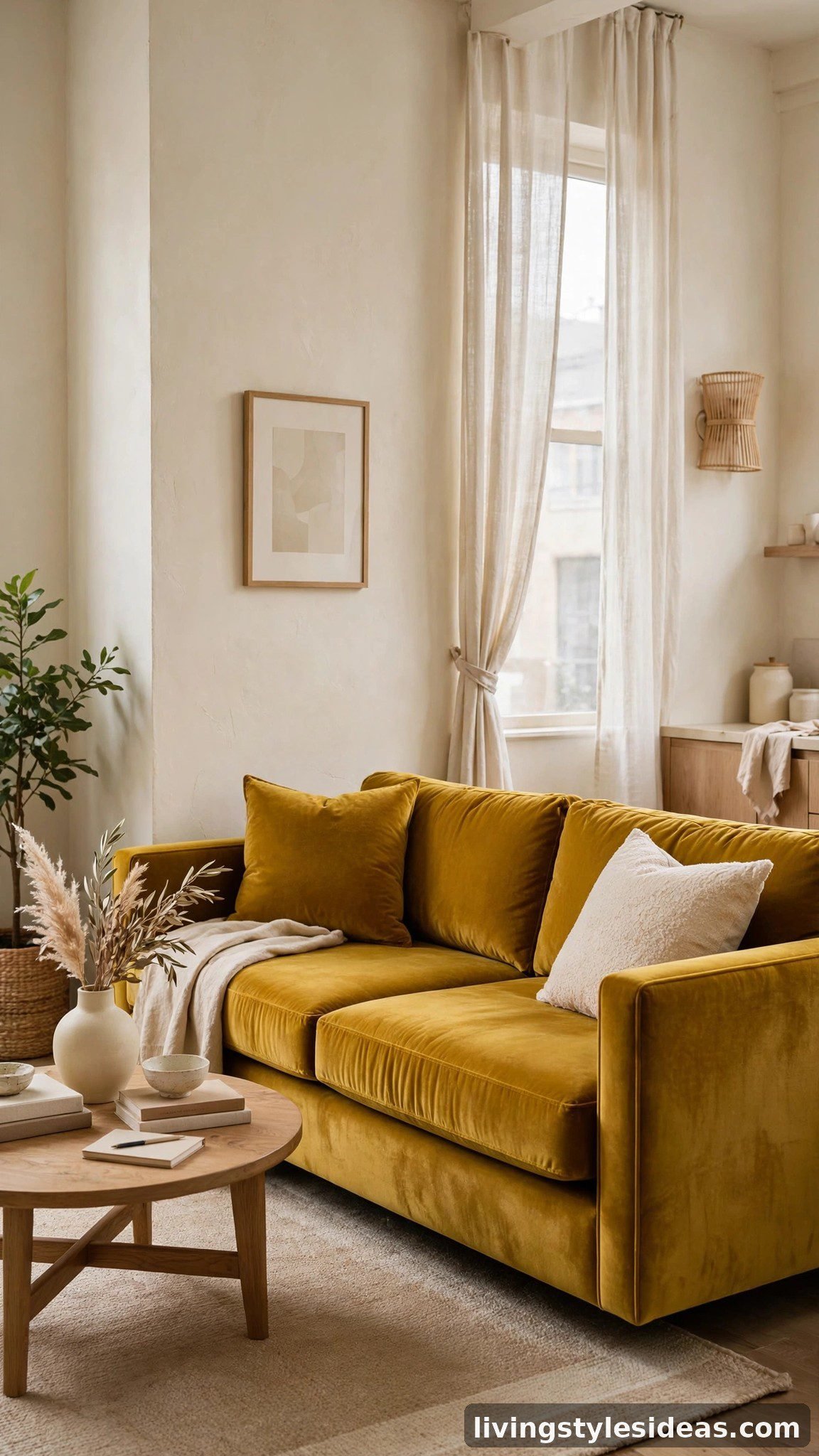Mustard yellow sofa as a statement piece in a calm studio apartment