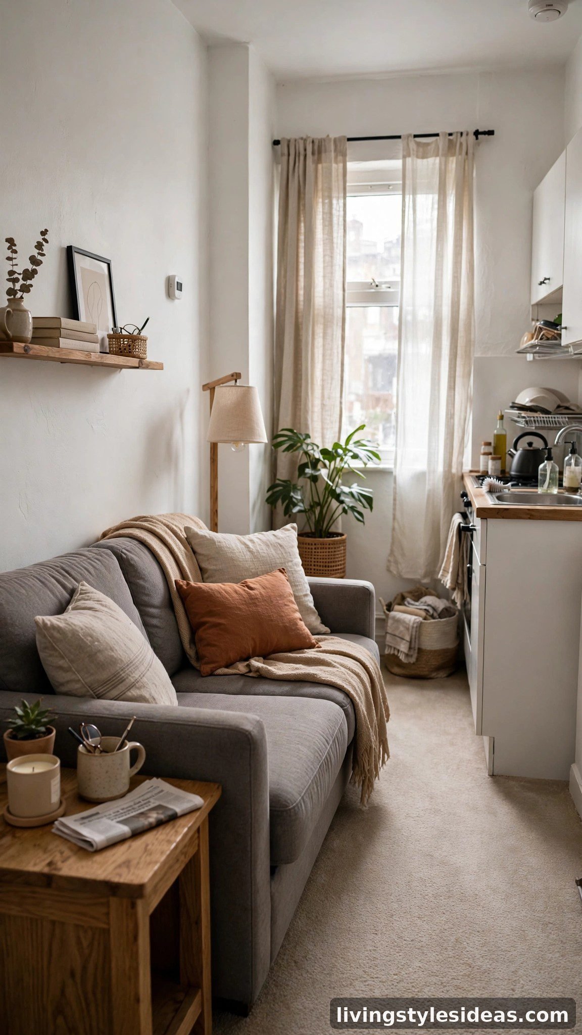 Warm grey sofa working with rental apartment's beige carpet and white walls