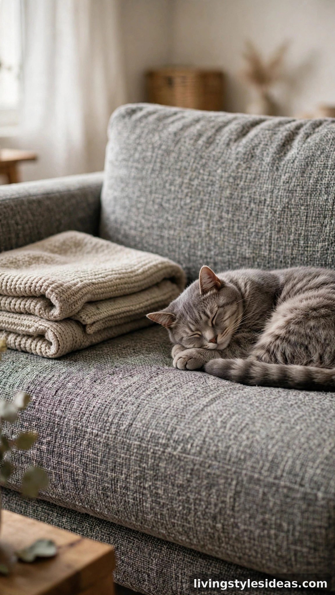 Textured heathered grey sofa with pet curled up in a studio apartment