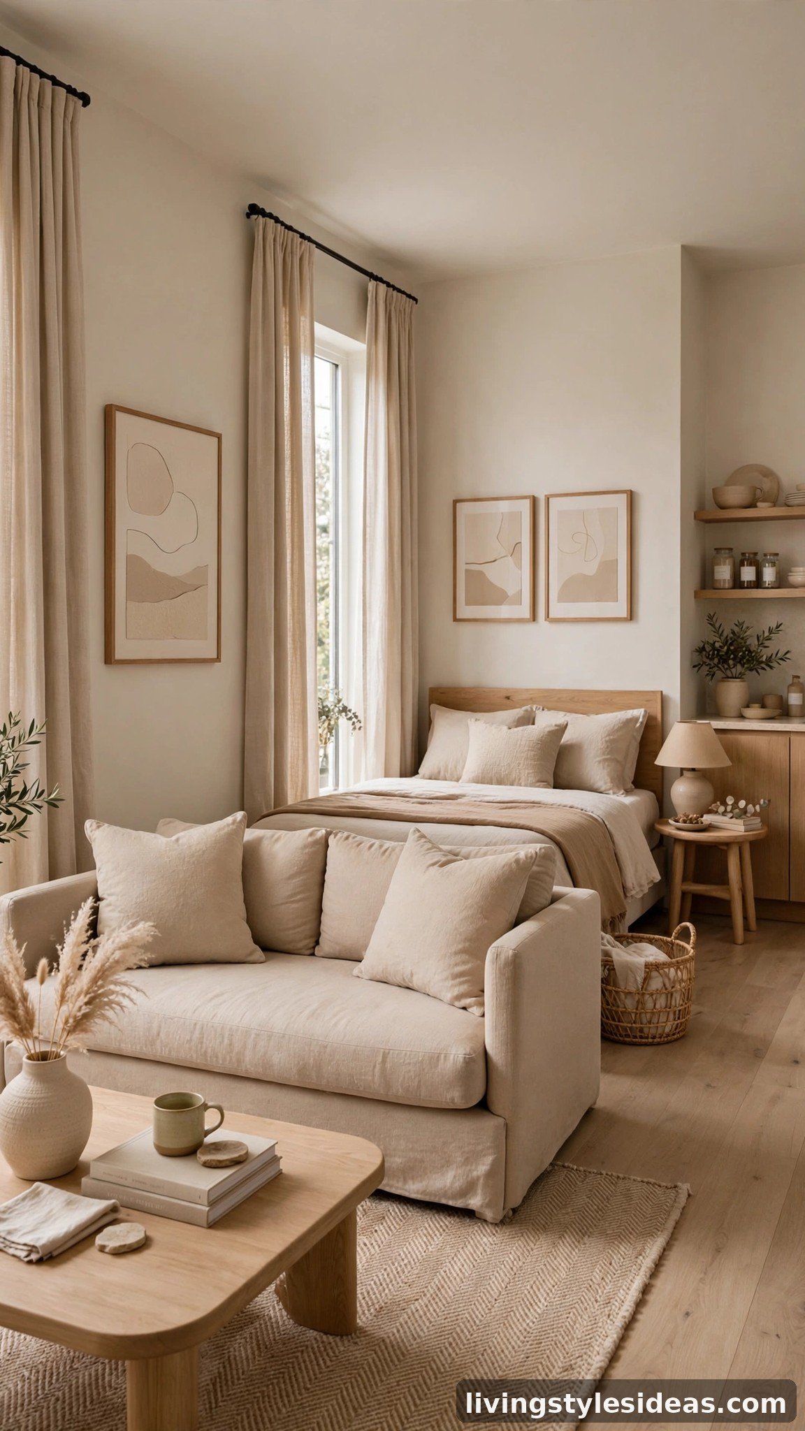 Studio apartment with sofa color echoed in curtains, bedding and art