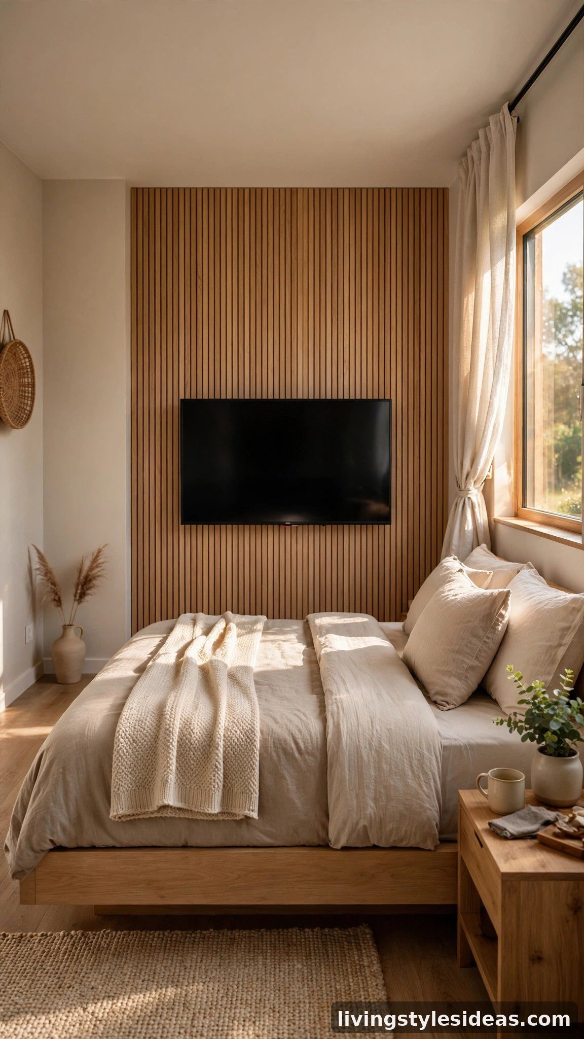TV mounted on the wall at the foot of the bed in a studio apartment