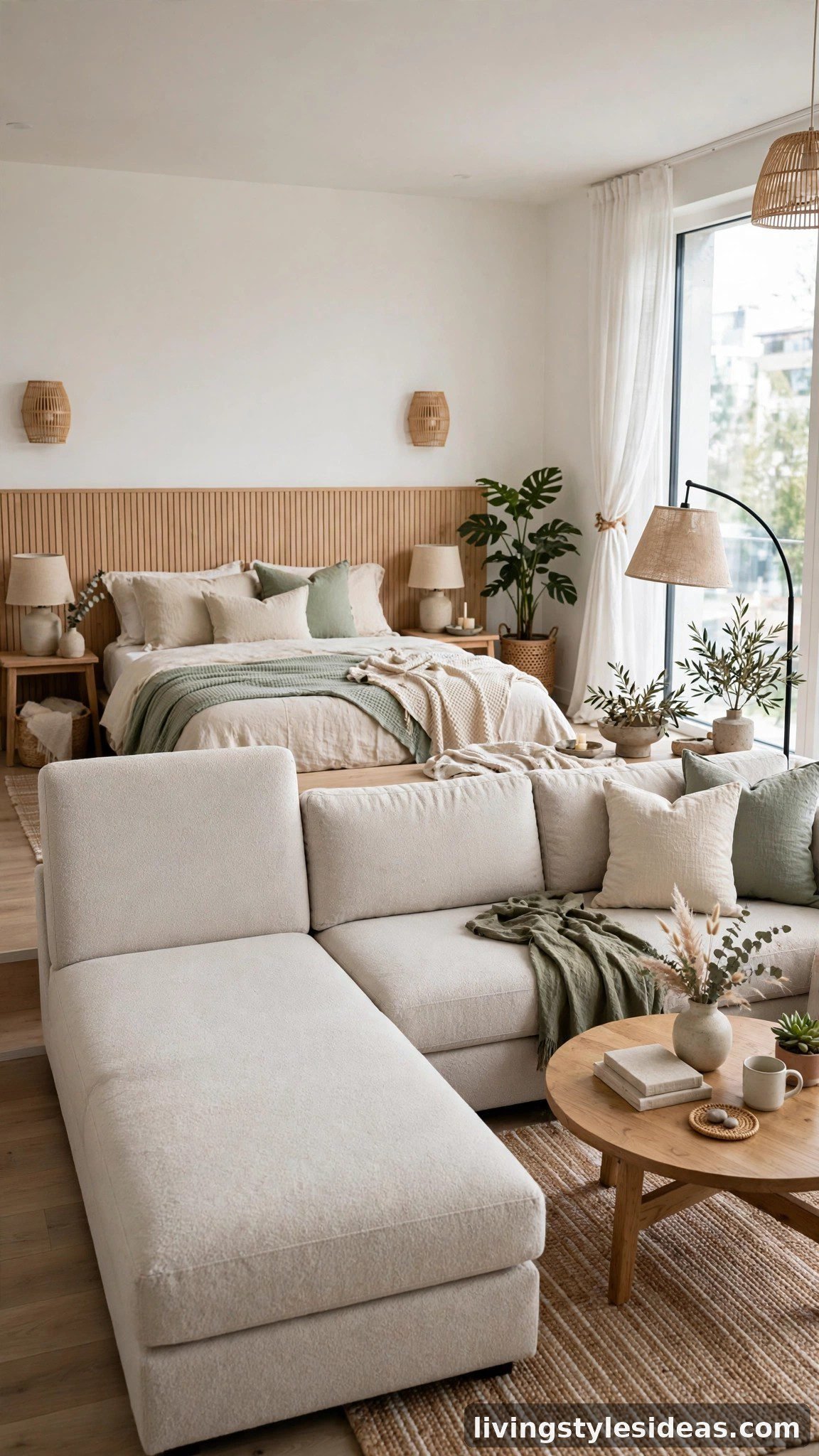 L-shaped sectional sofa dividing the living and sleeping zones of a studio