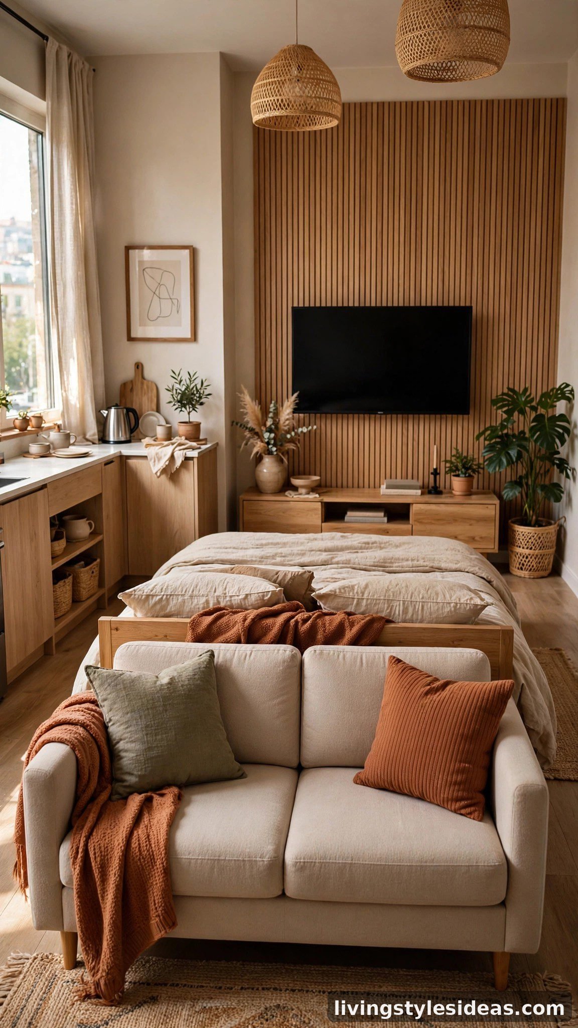 Sofa placed back-to-back with the bed to divide a studio apartment