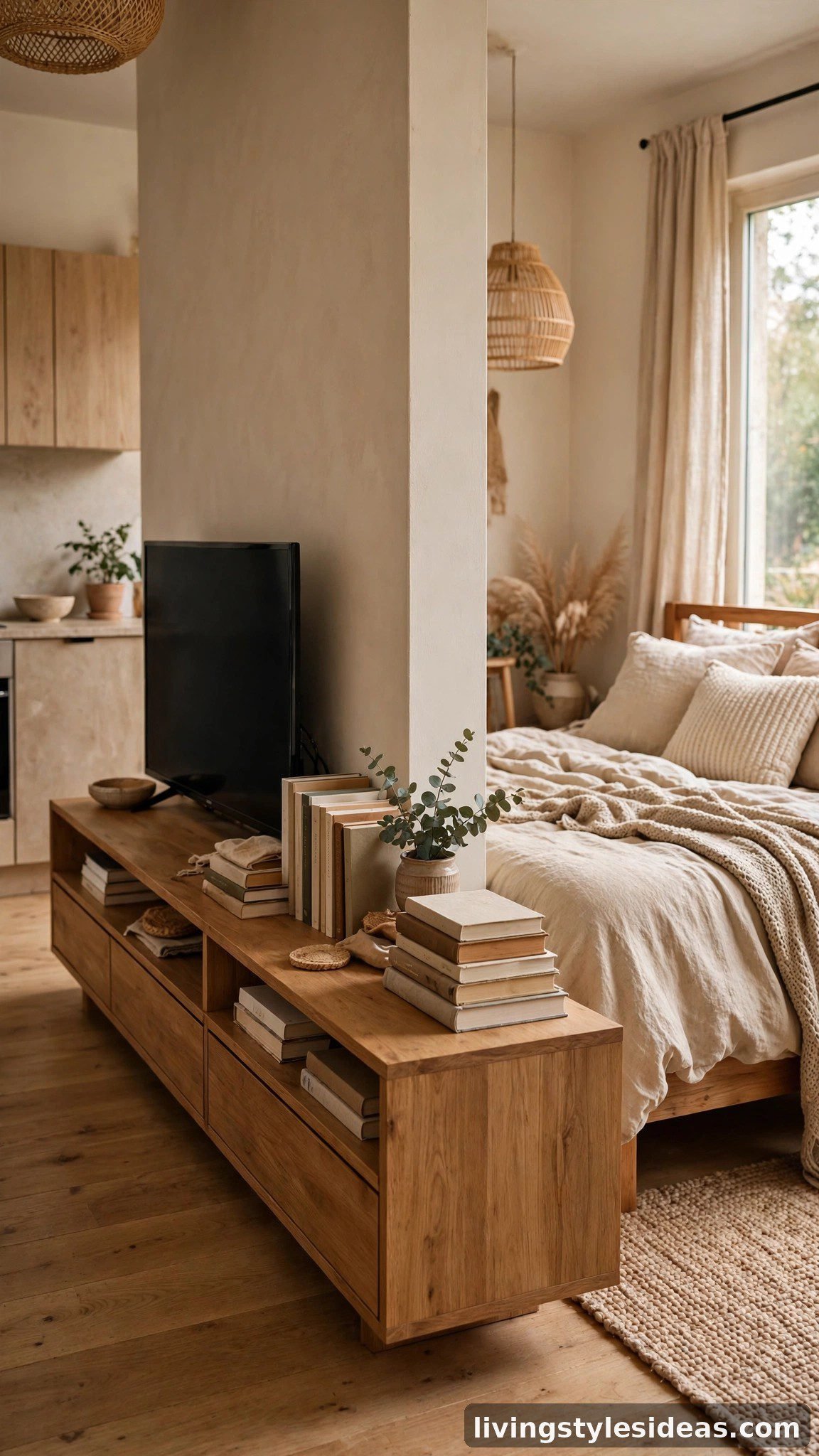 Low media console with TV acting as a room divider in a studio