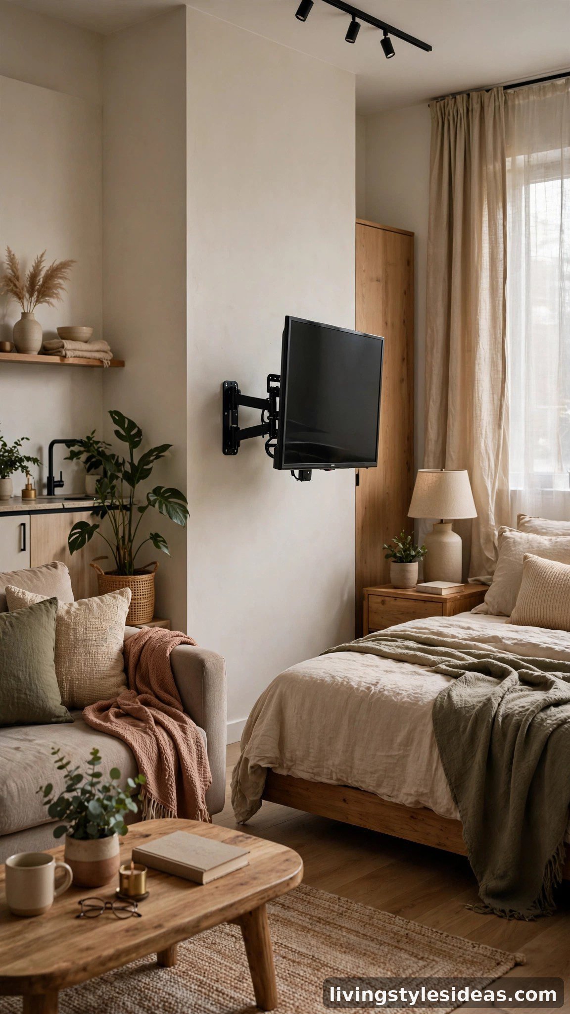 TV on a swivel wall mount between the sofa and bed zones of a studio