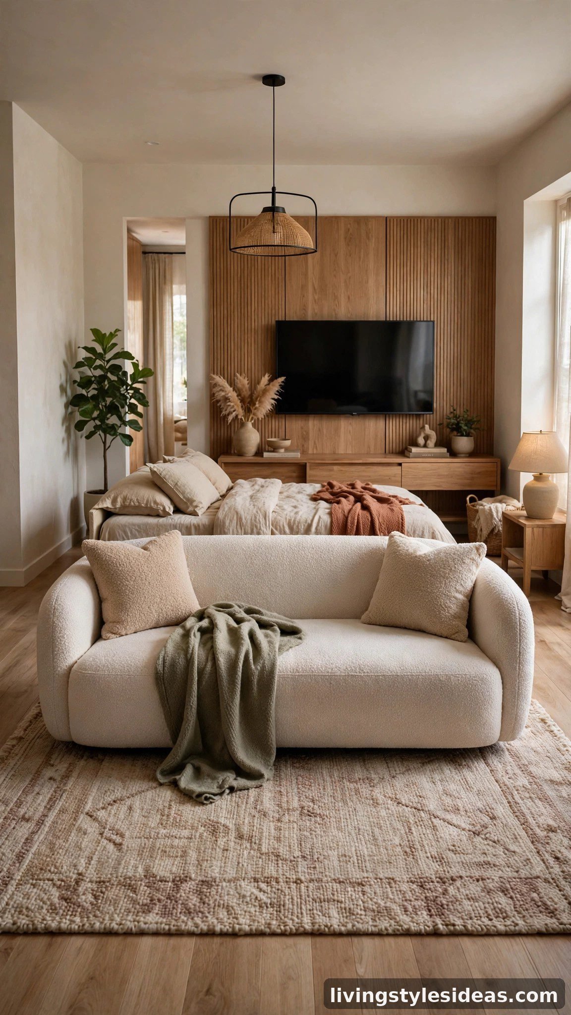 Sofa floating in the middle of a studio facing a TV wall with bed behind