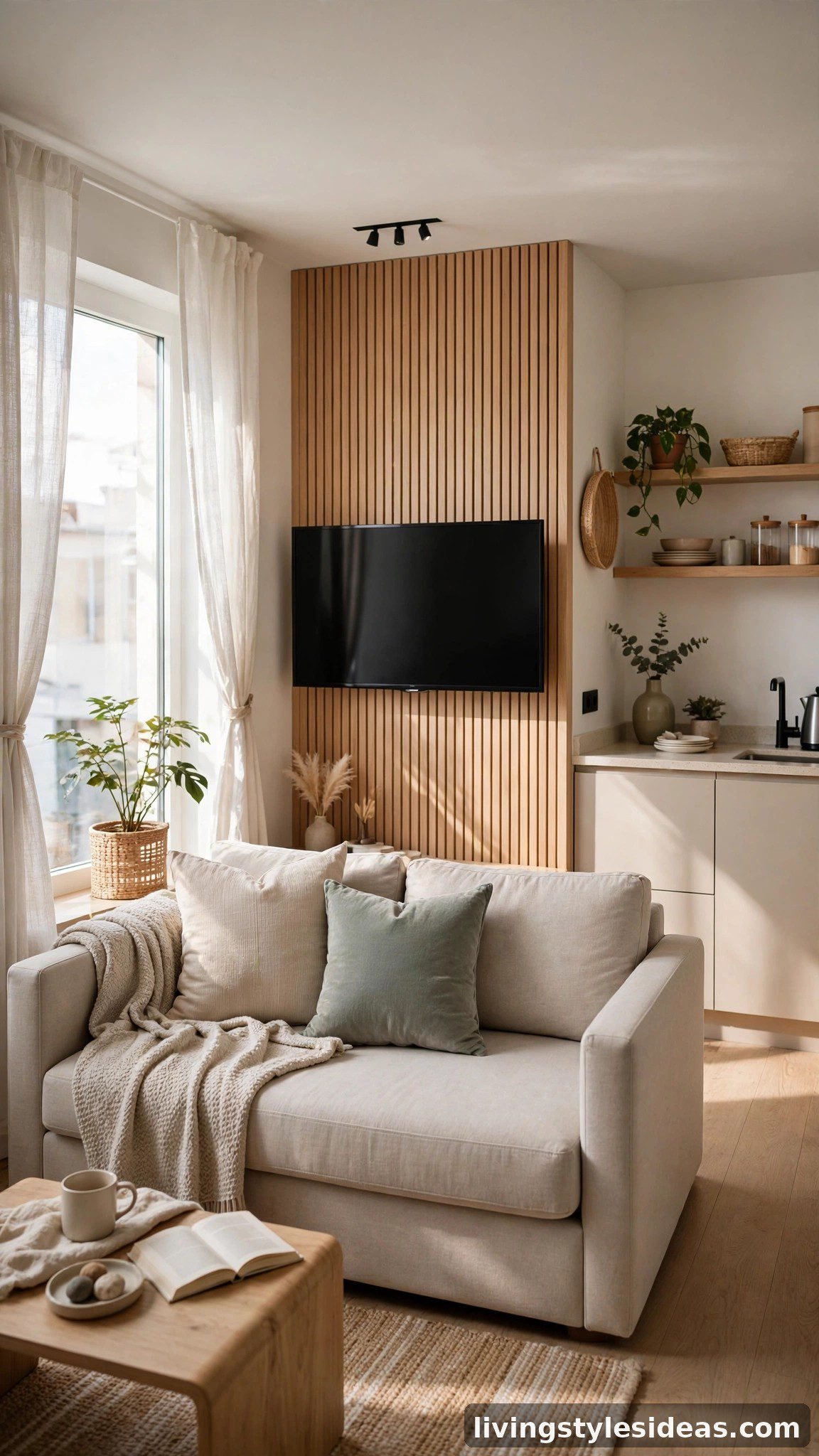 Modern sleeper sofa in a studio apartment facing a wall-mounted TV