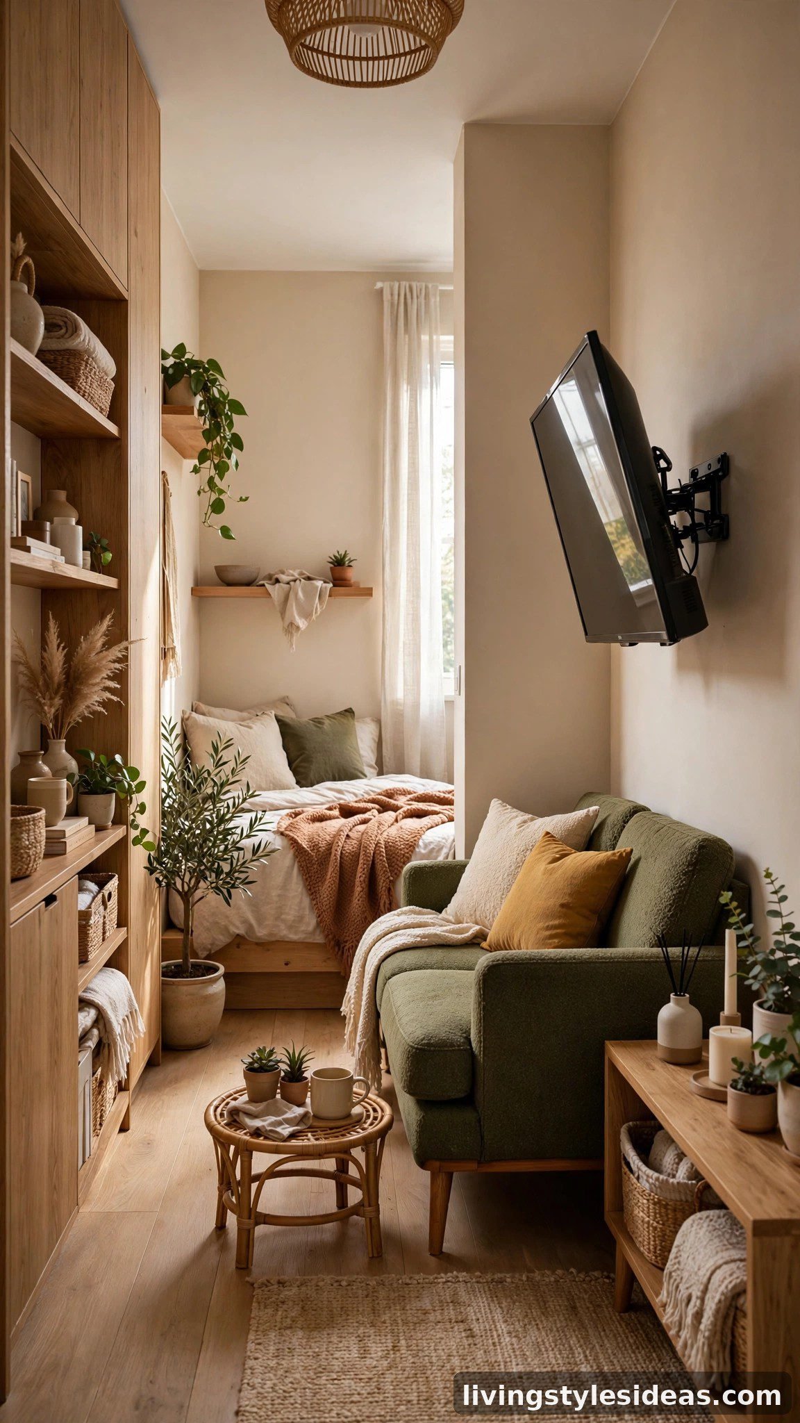 Bed tucked in the corner of a studio with a loveseat and angled TV opposite