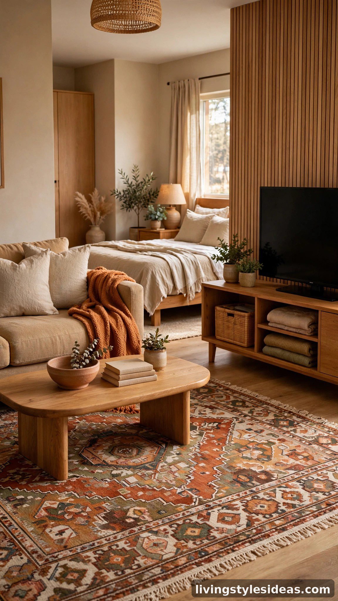 Area rug zoning the sofa and TV corner in an open studio apartment