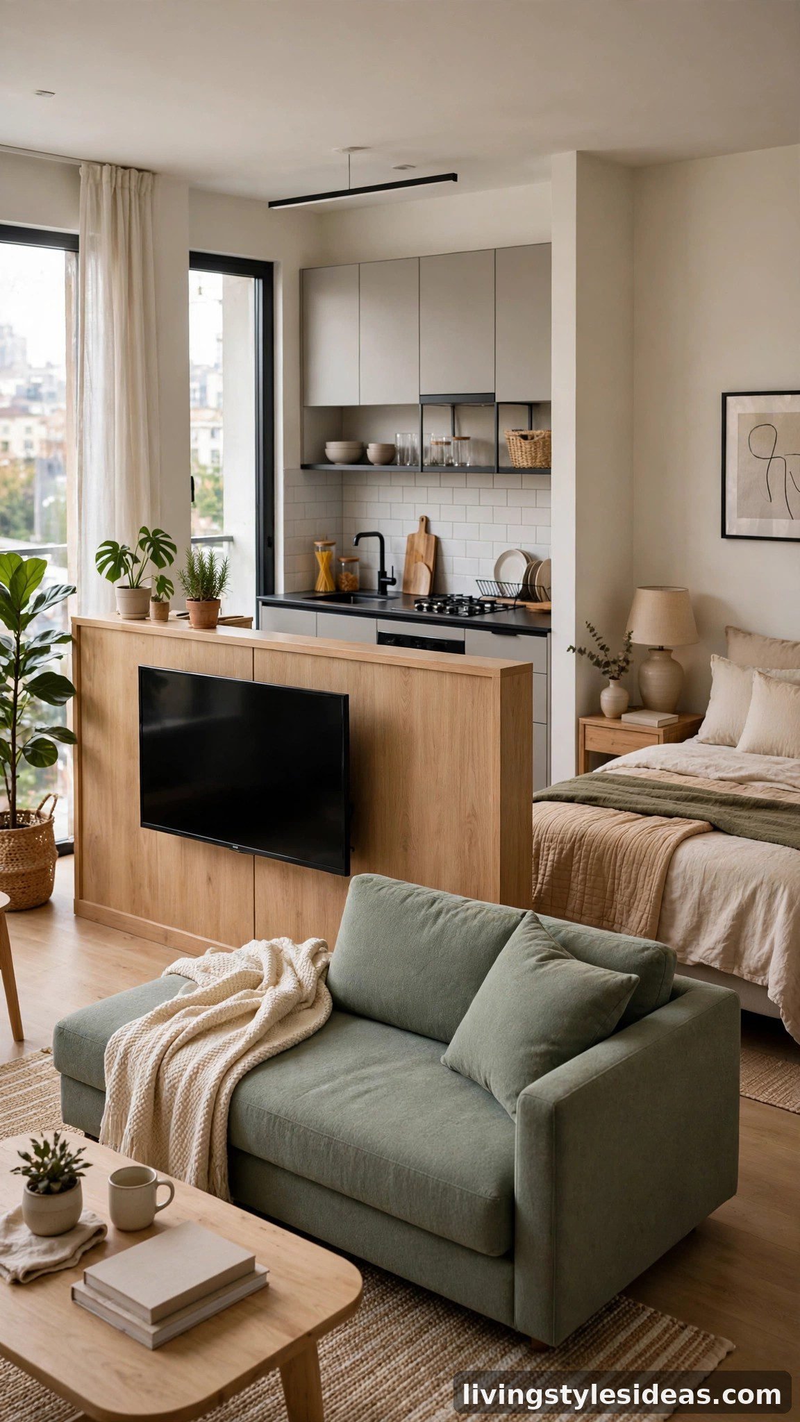 TV mounted on the kitchen divider wall of a studio apartment facing the sofa