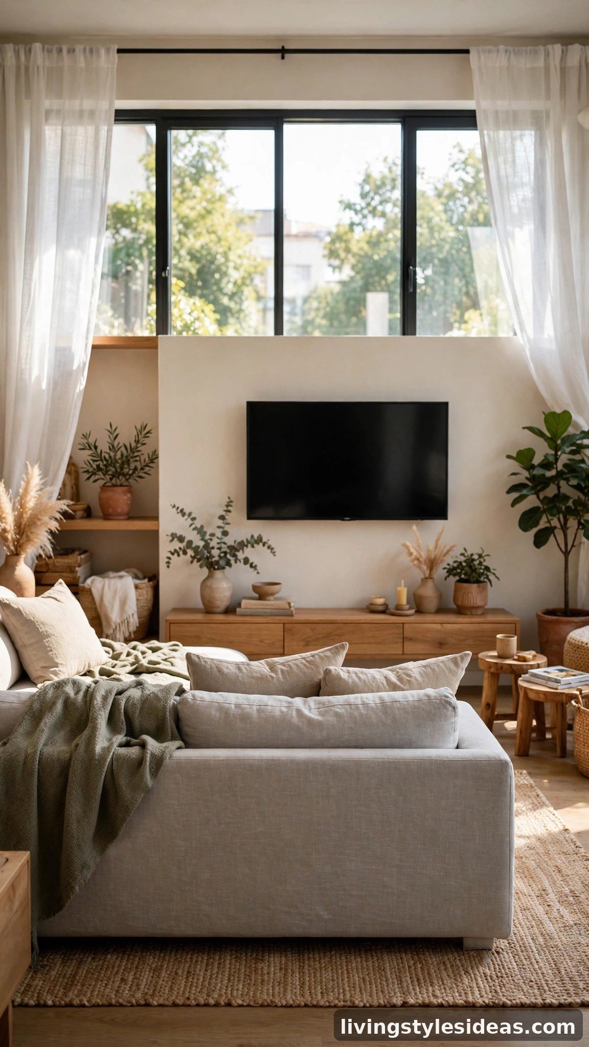 Sofa set under a large window with the TV mounted on the opposite studio wall