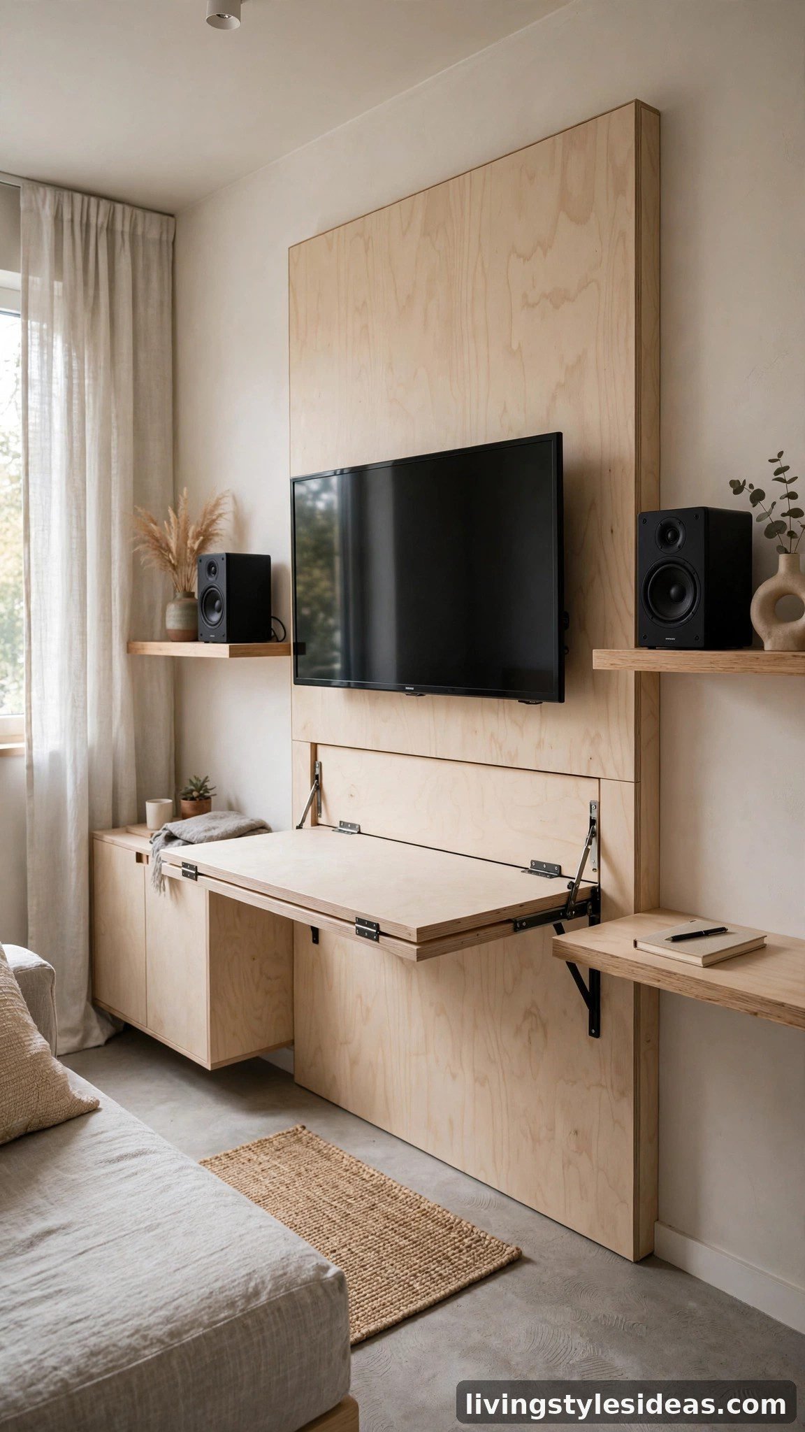 Fold-down media wall with TV and floating shelves in a small studio