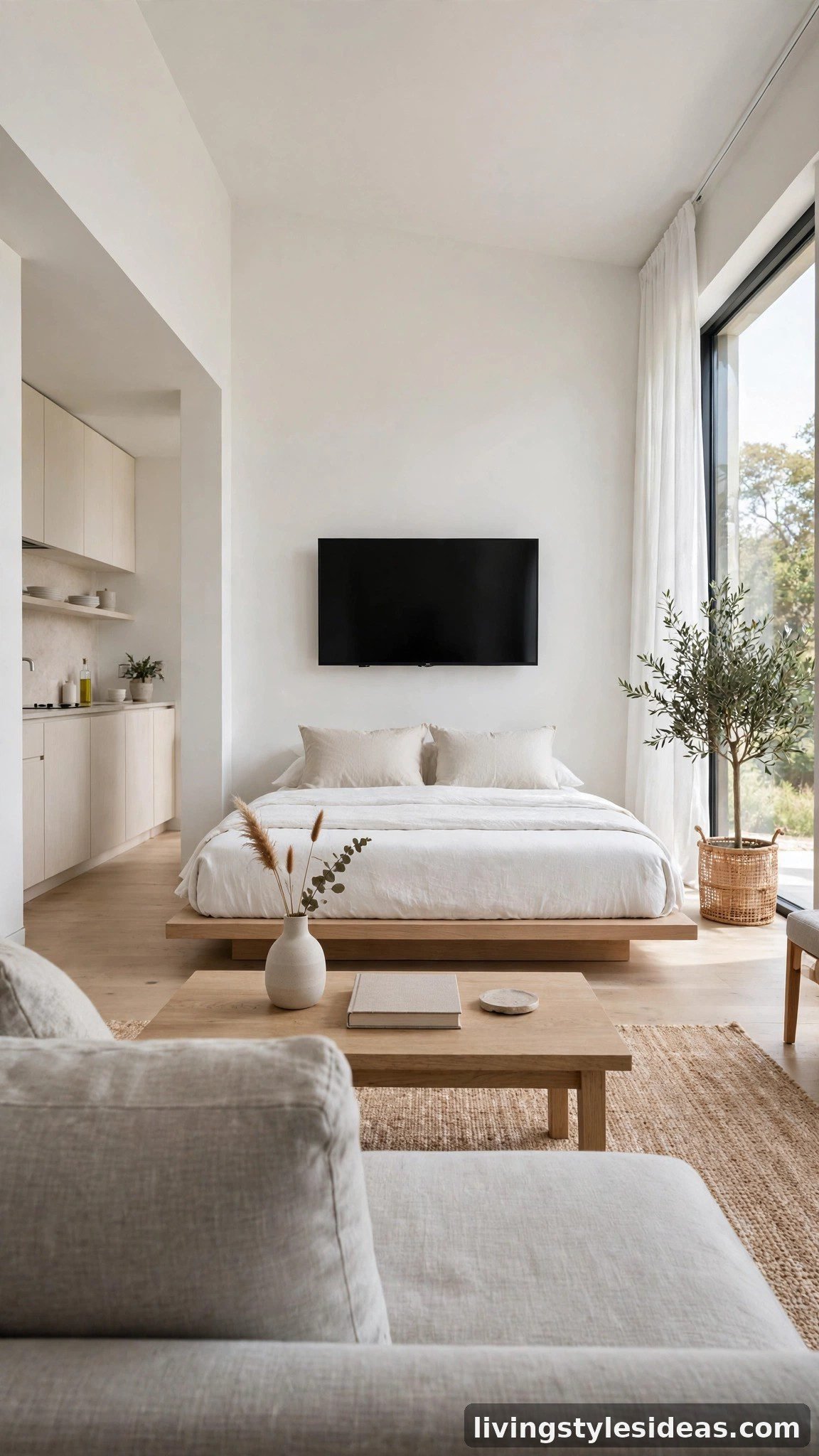 Low platform bed keeping TV sightlines open from the sofa in a studio