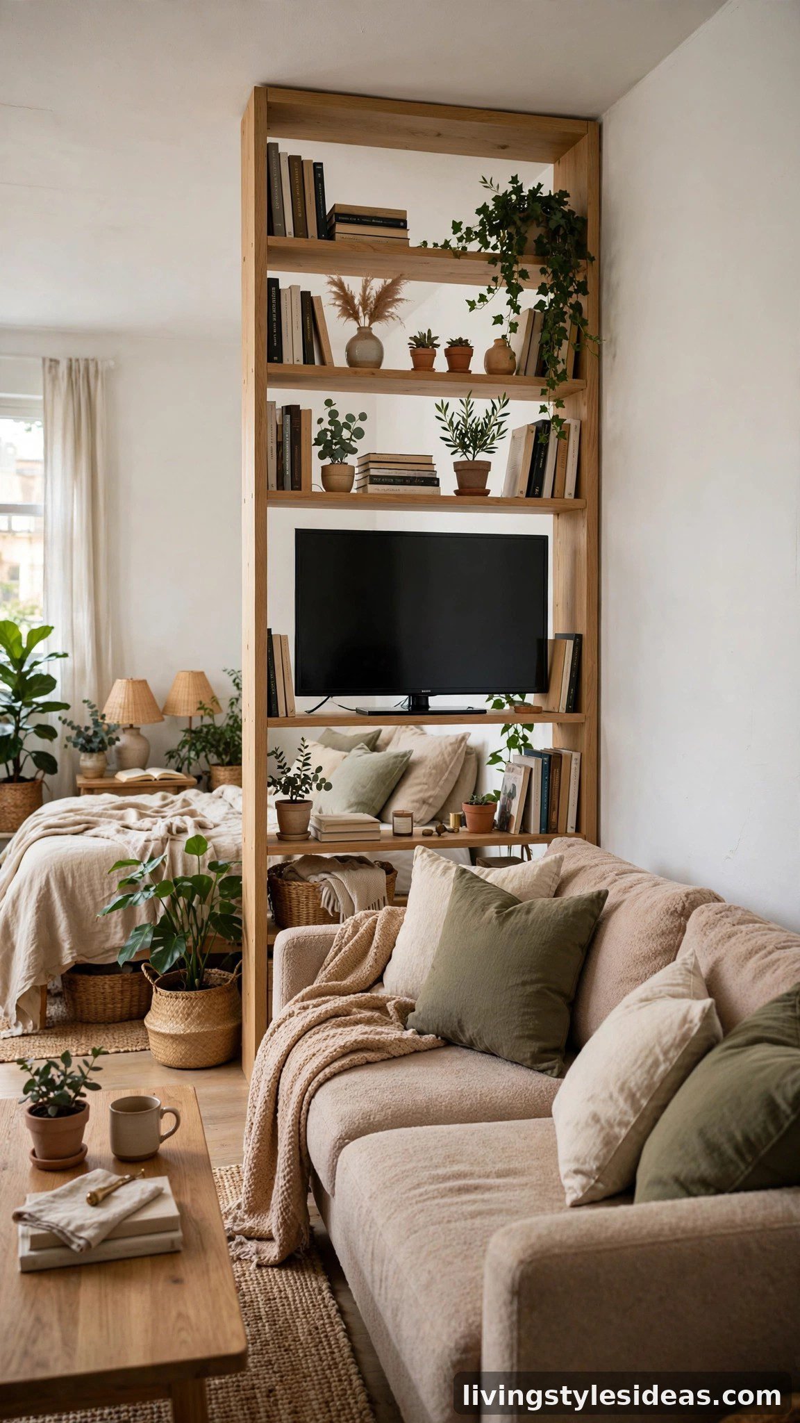Open bookshelf divider framing the TV between sofa and bed zones in a studio