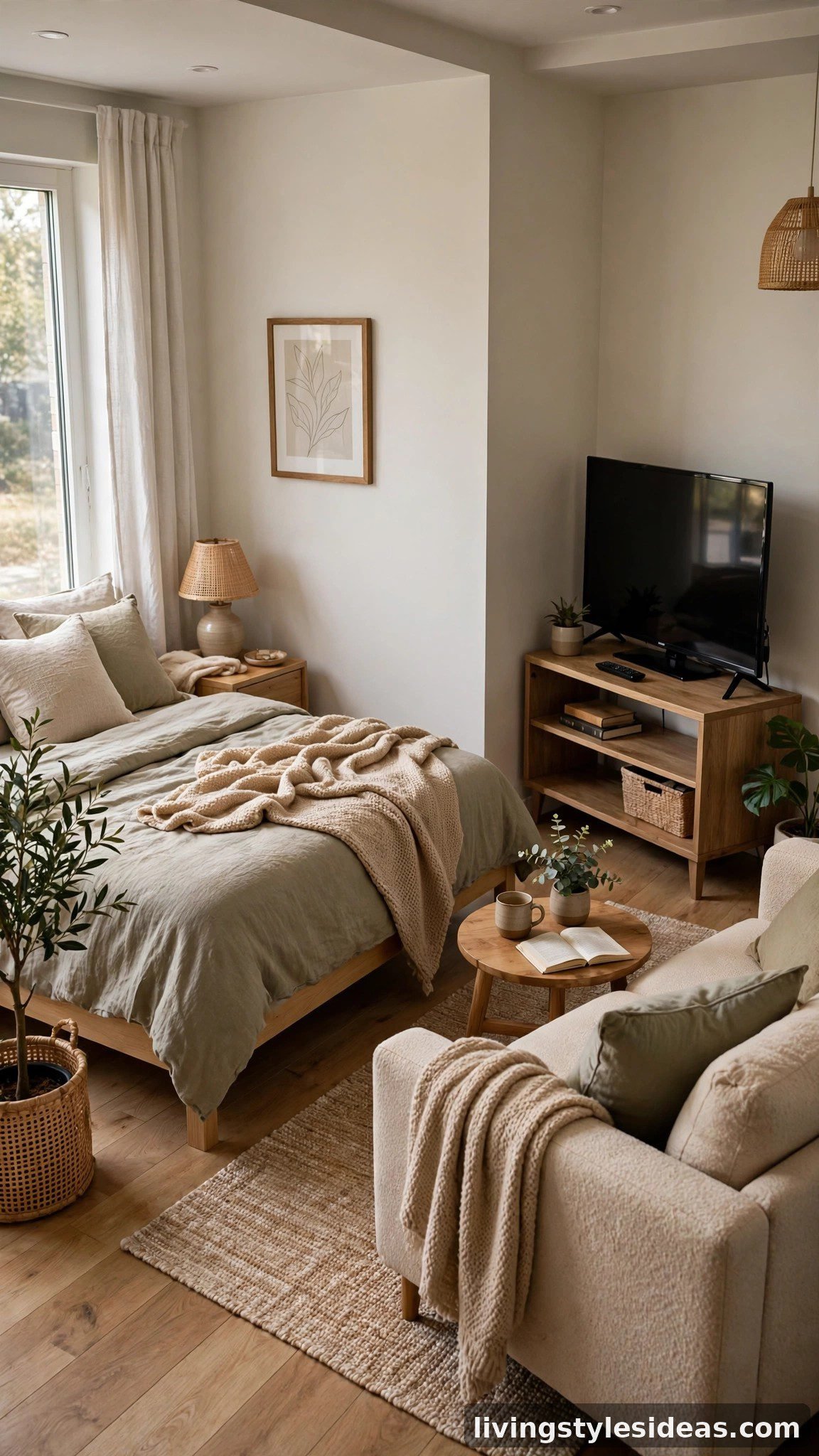 TV angled into a corner with sofa and bed arranged around it in a studio
