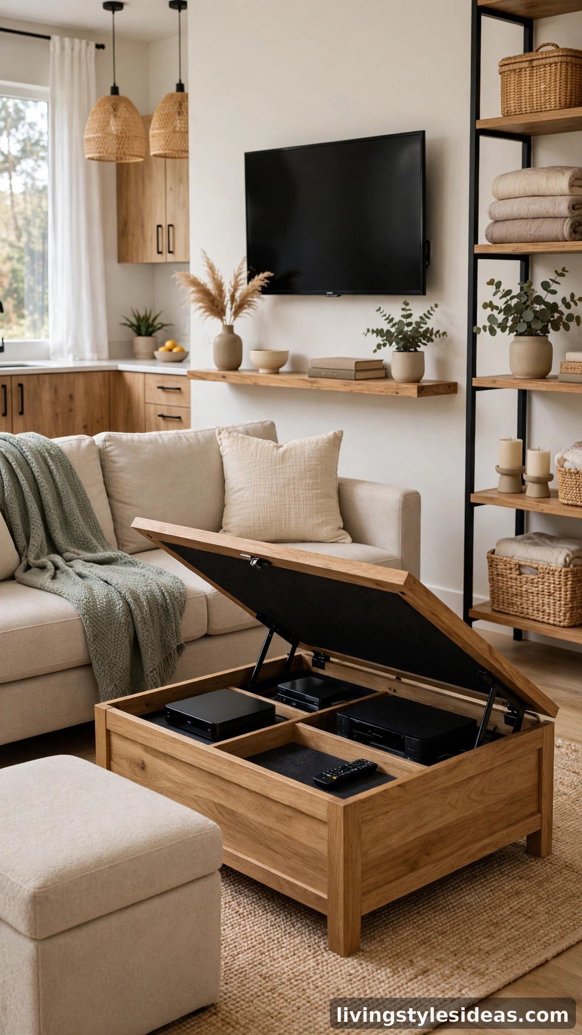 Storage ottoman and coffee table hiding media gear in a tidy studio living zone