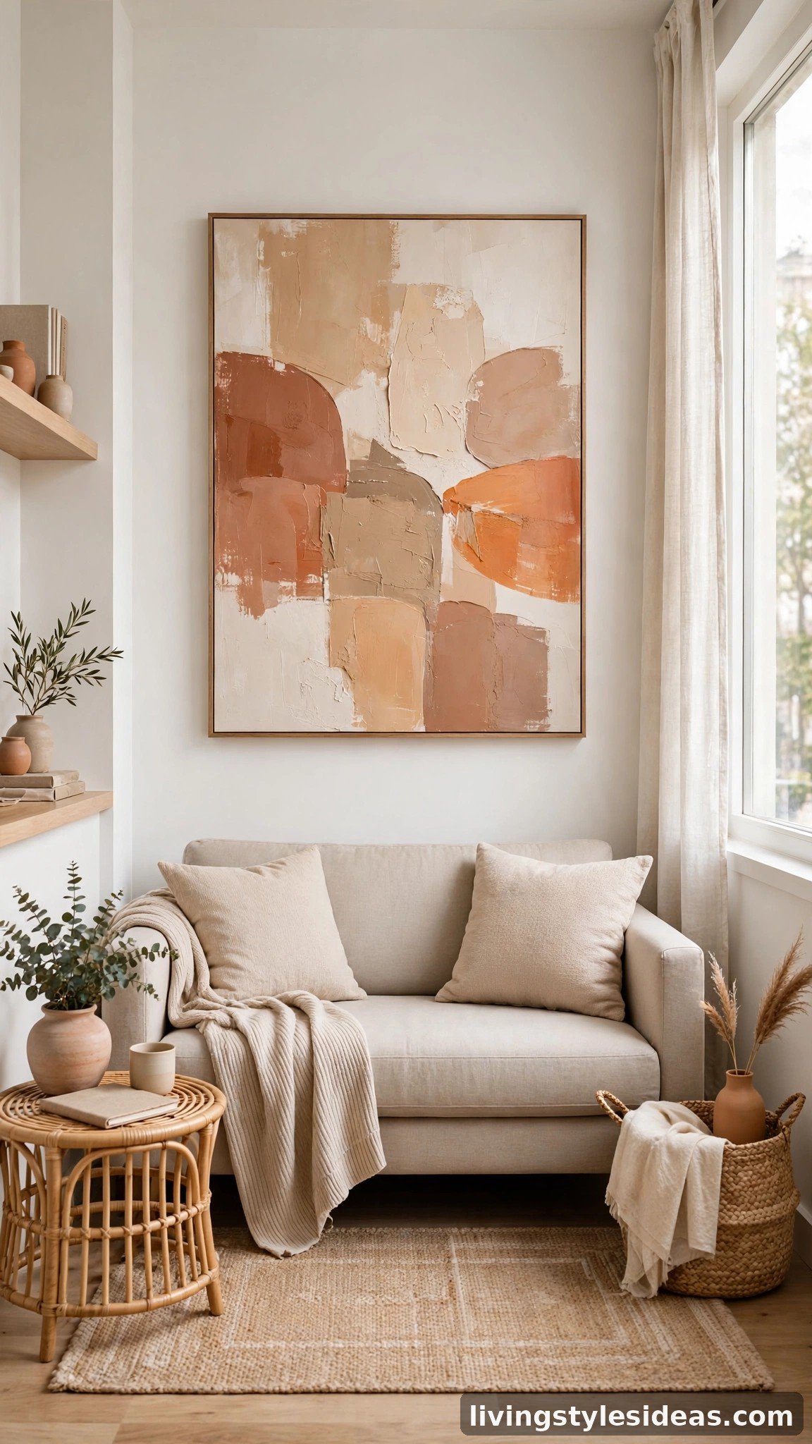 Oversized abstract canvas above a sofa in a studio apartment