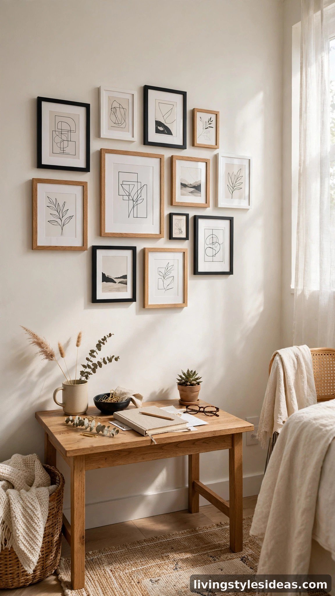 Curated gallery wall of mixed frames in a studio apartment