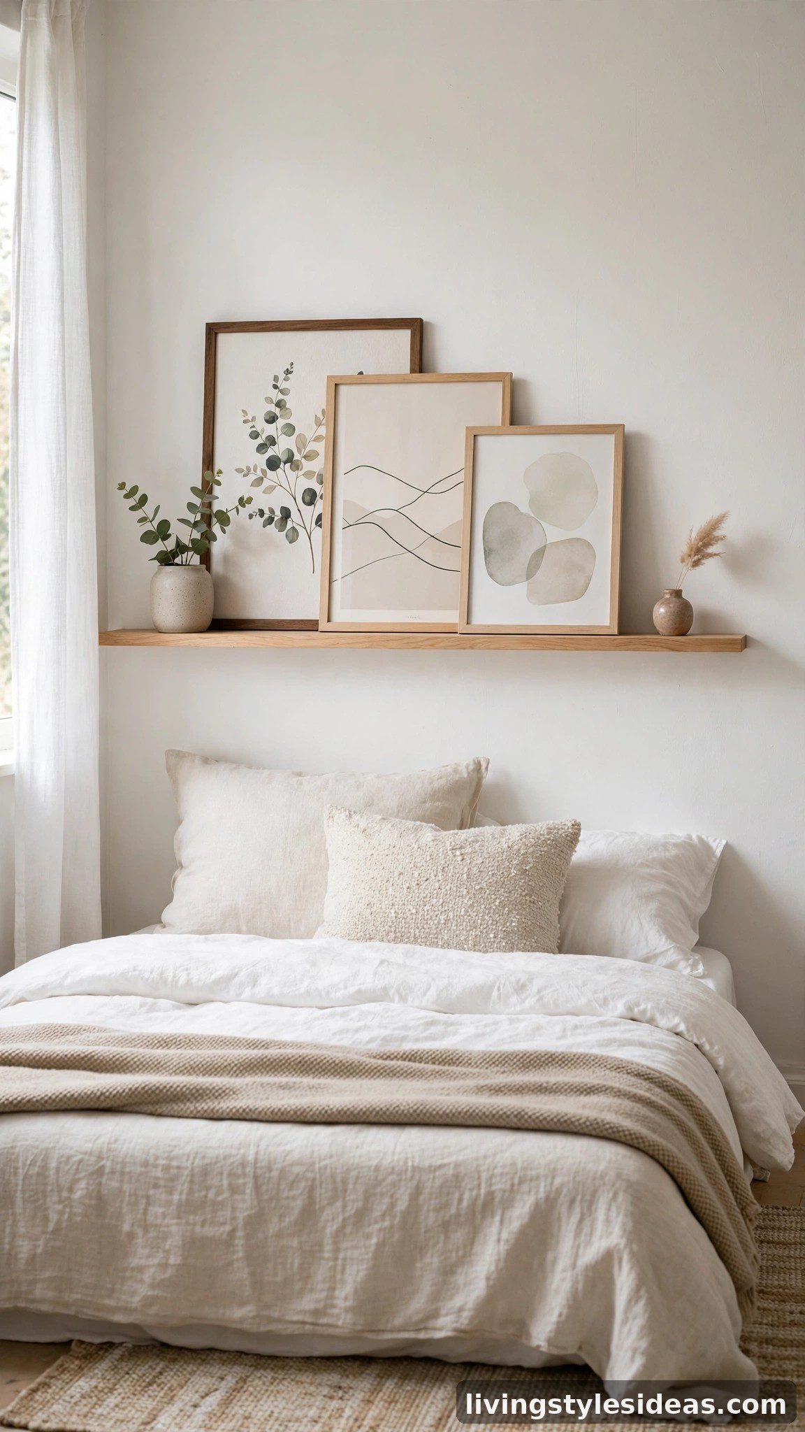 Picture ledge with leaning framed art above a studio bed