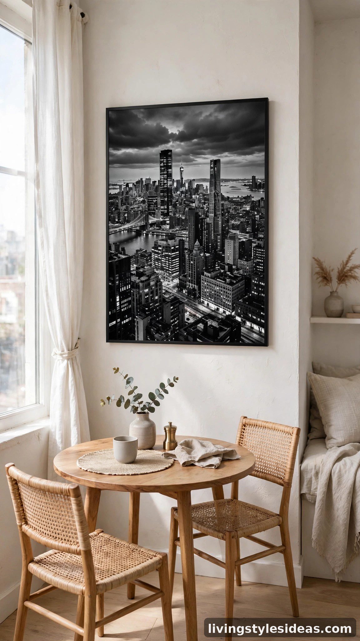 Large black-and-white photography print in a studio dining nook