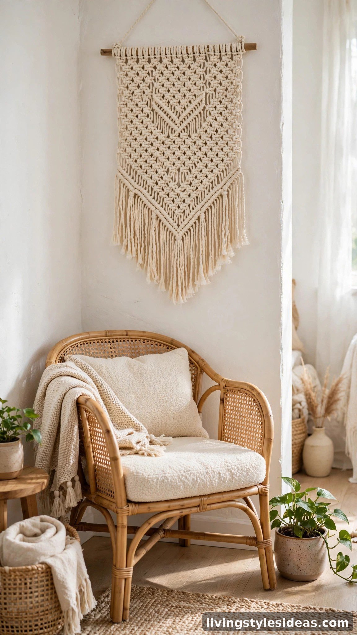 Woven macrame wall hanging in a bright studio apartment corner