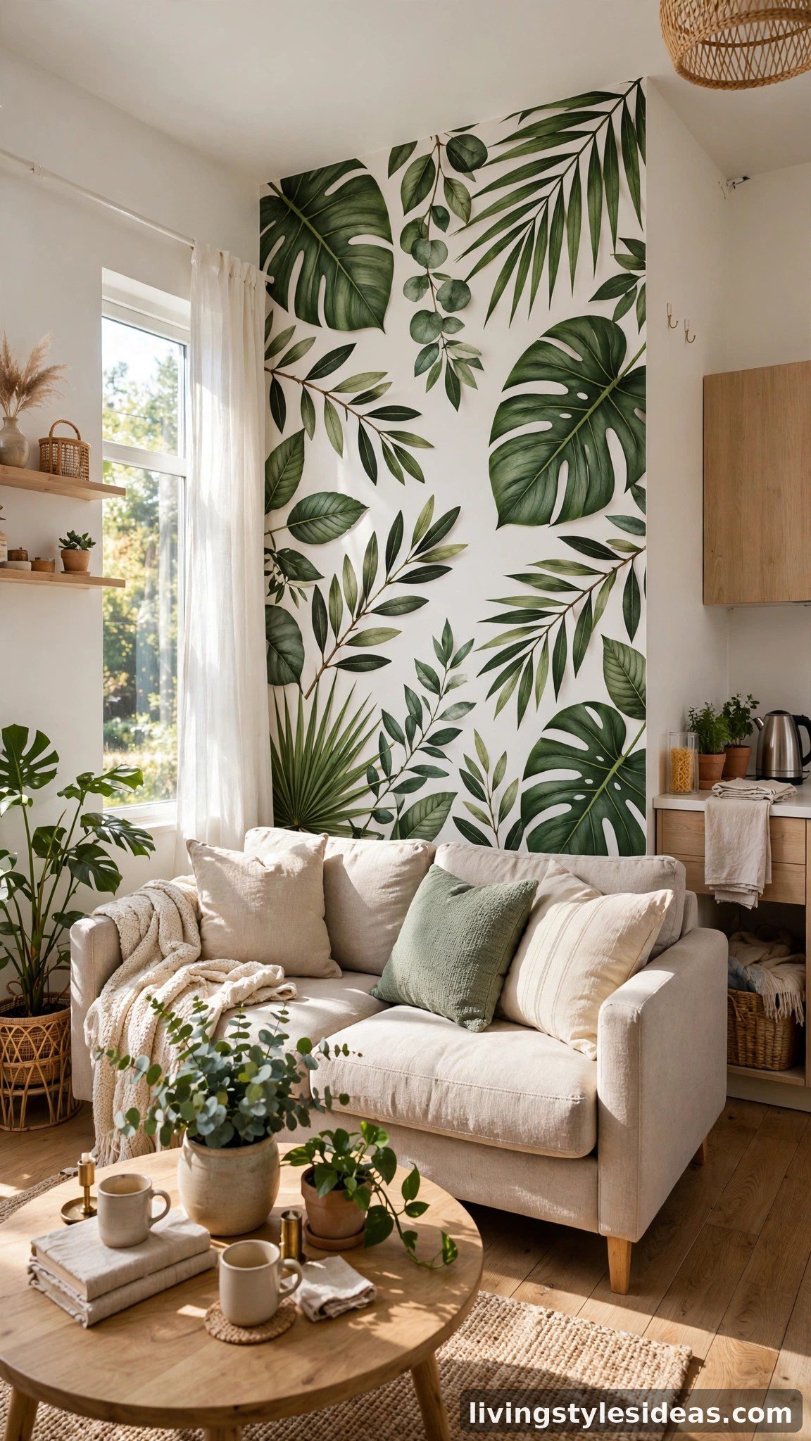 Peel-and-stick botanical mural on a studio apartment accent wall