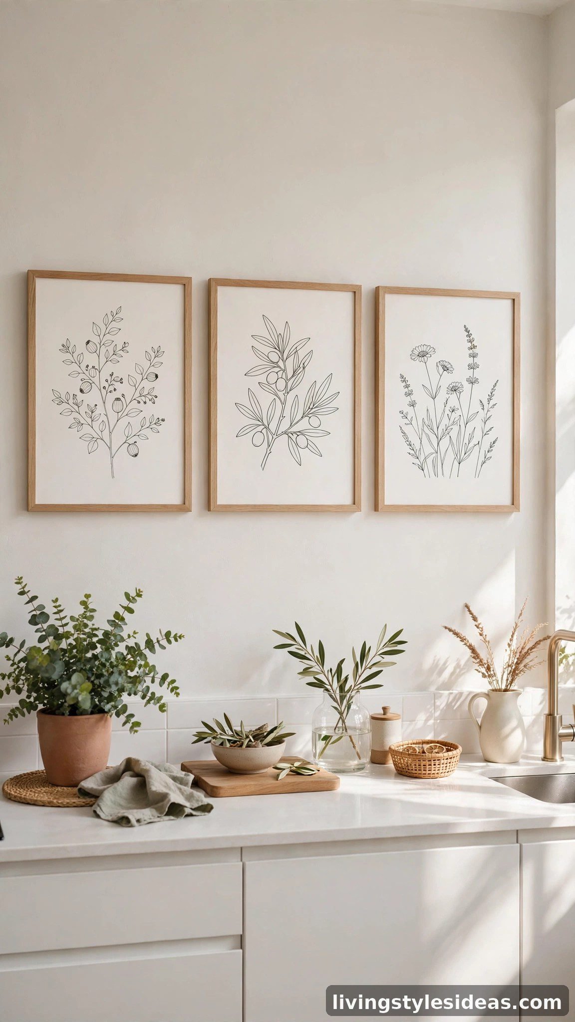 Row of framed botanical prints above a studio kitchen counter