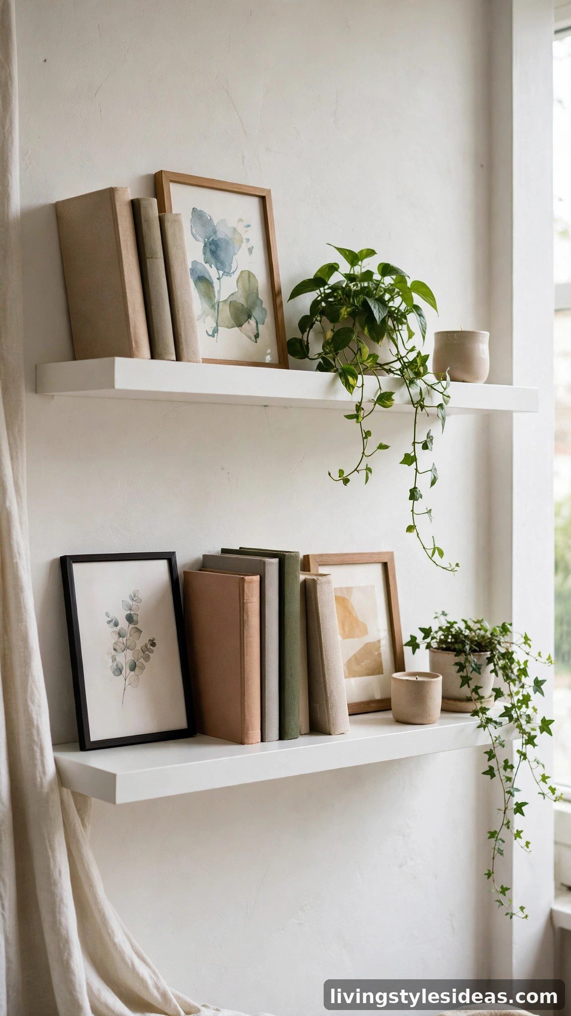 Floating shelves styled with layered art in a studio apartment