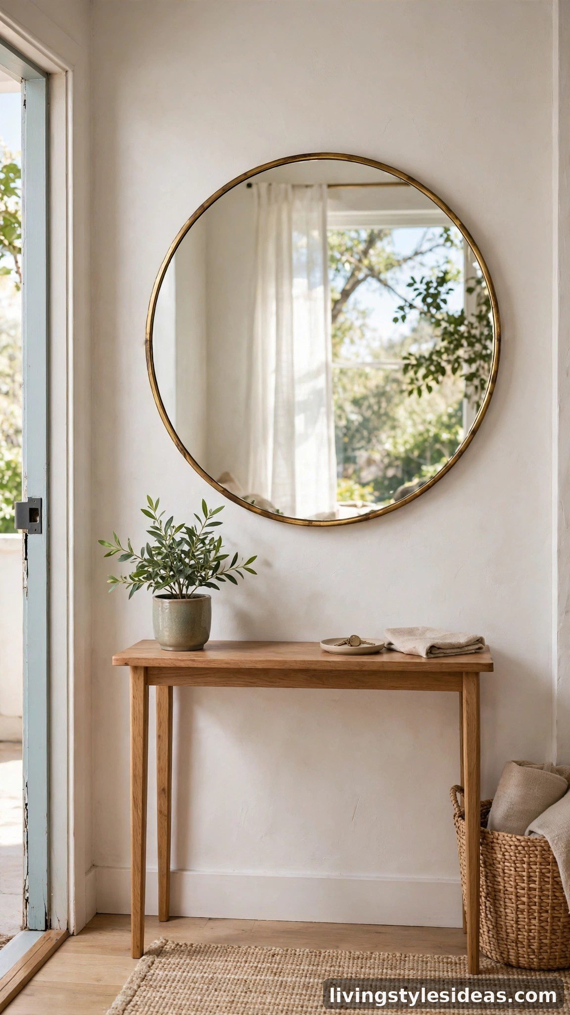 Round decorative mirror as wall art in a studio entryway
