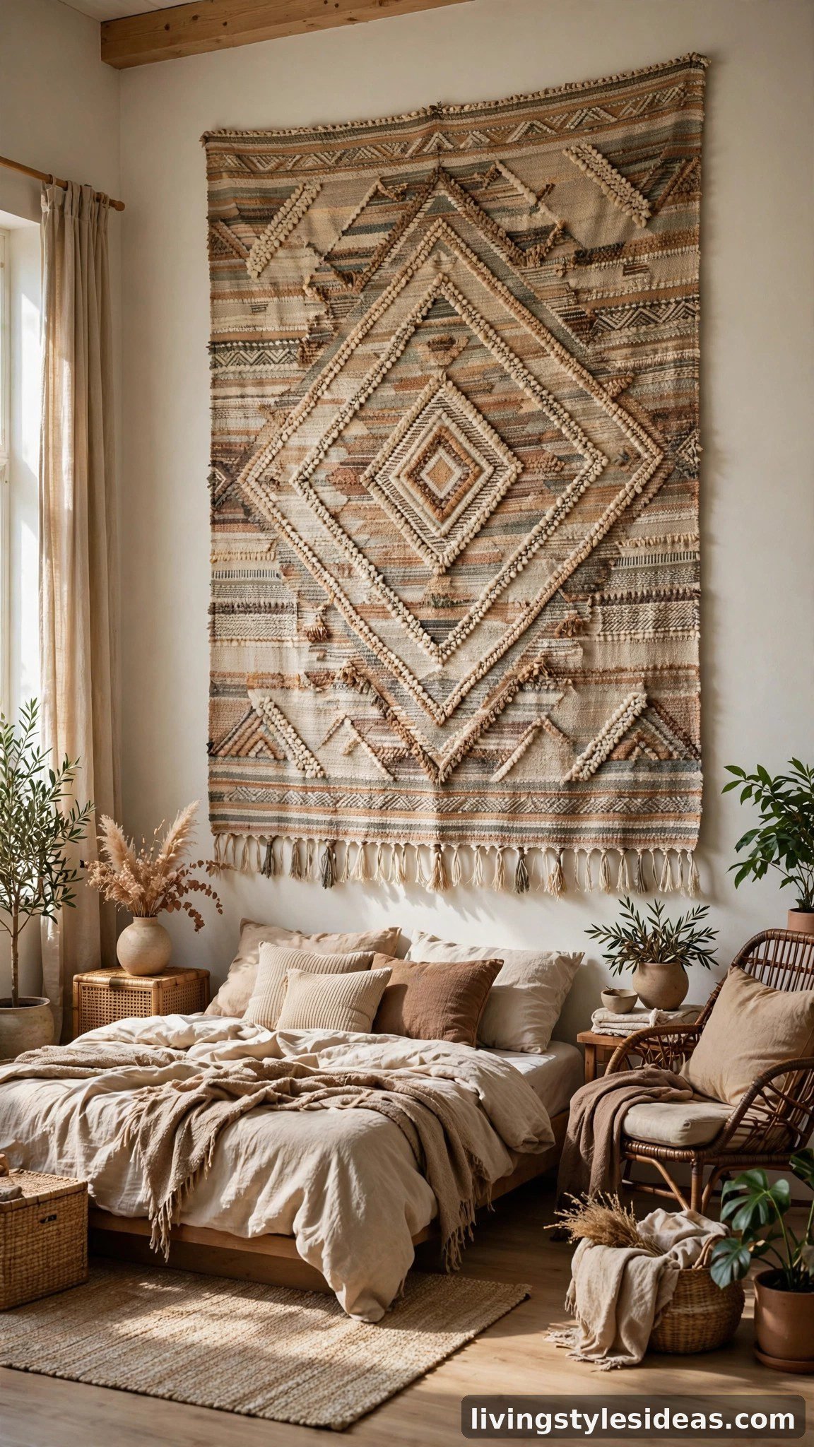 Large earth-tone tapestry on a studio apartment wall