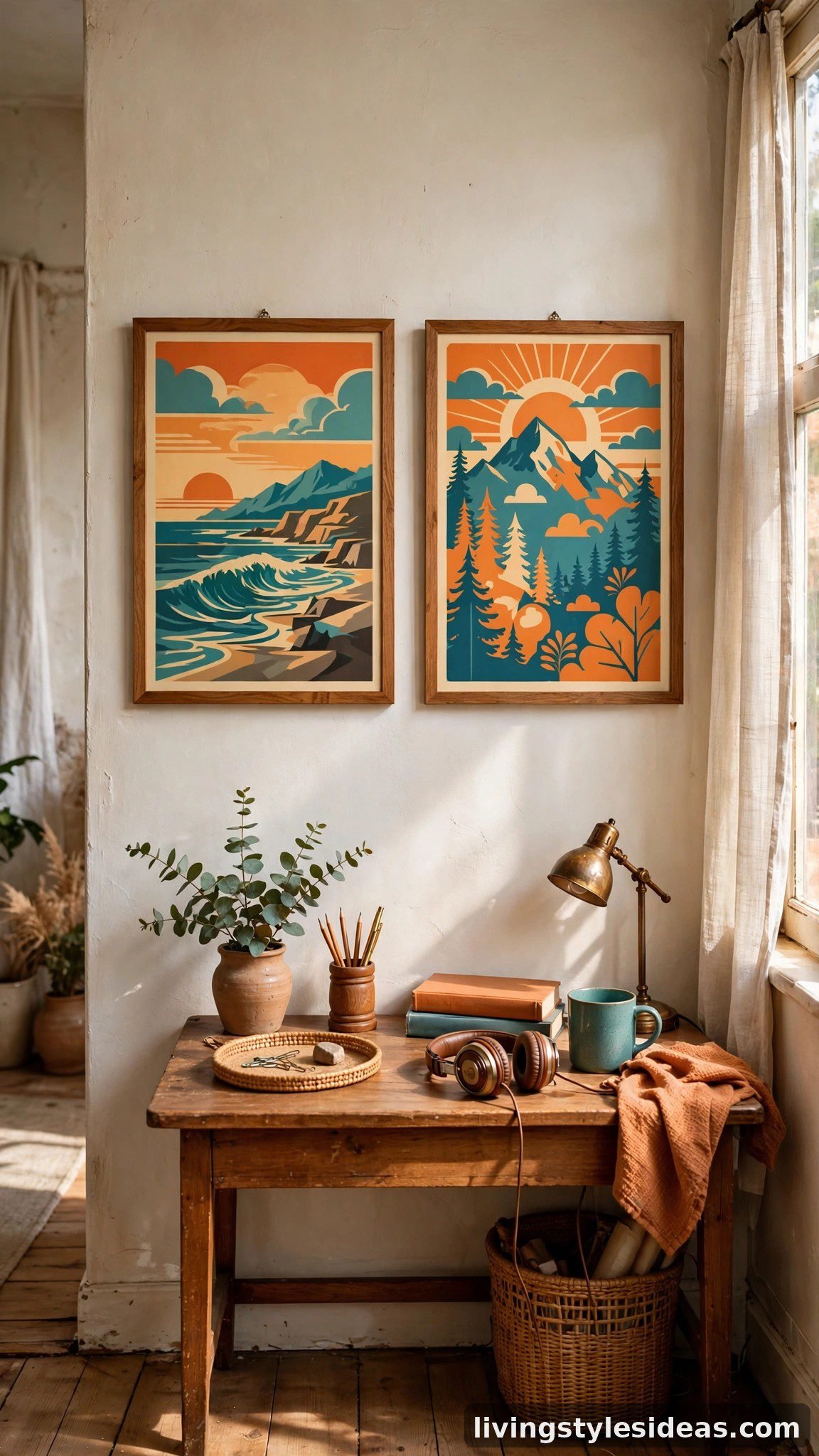 Framed vintage travel posters above a studio workspace desk