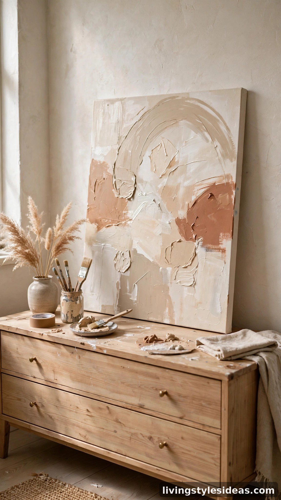 DIY abstract canvas leaning on a dresser in a studio apartment